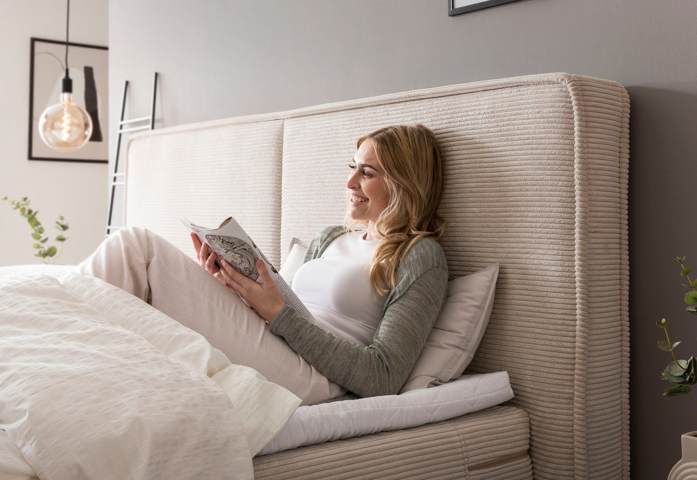 Home affaire Boxspring SHERWOOD Cord Hotelbett, Polsterbett Premiumbett Boxbett Hoogwaardig cord ,zachte velours-structuur, met topmatras, eiken