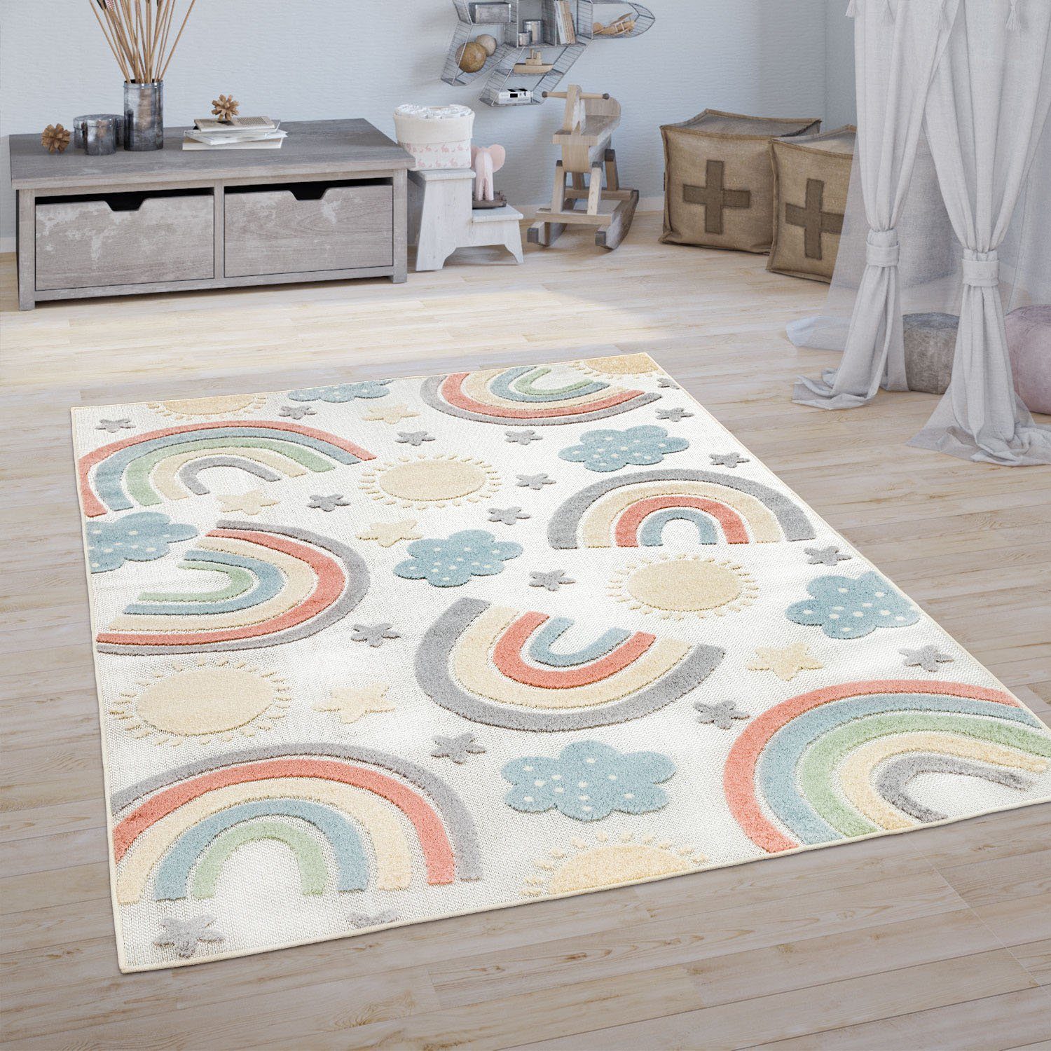 Paco Home Kindervloerkleed Tweet 462 Platweefsel, reliëfeffect, regenboog & sterren, geschikt voor buiten