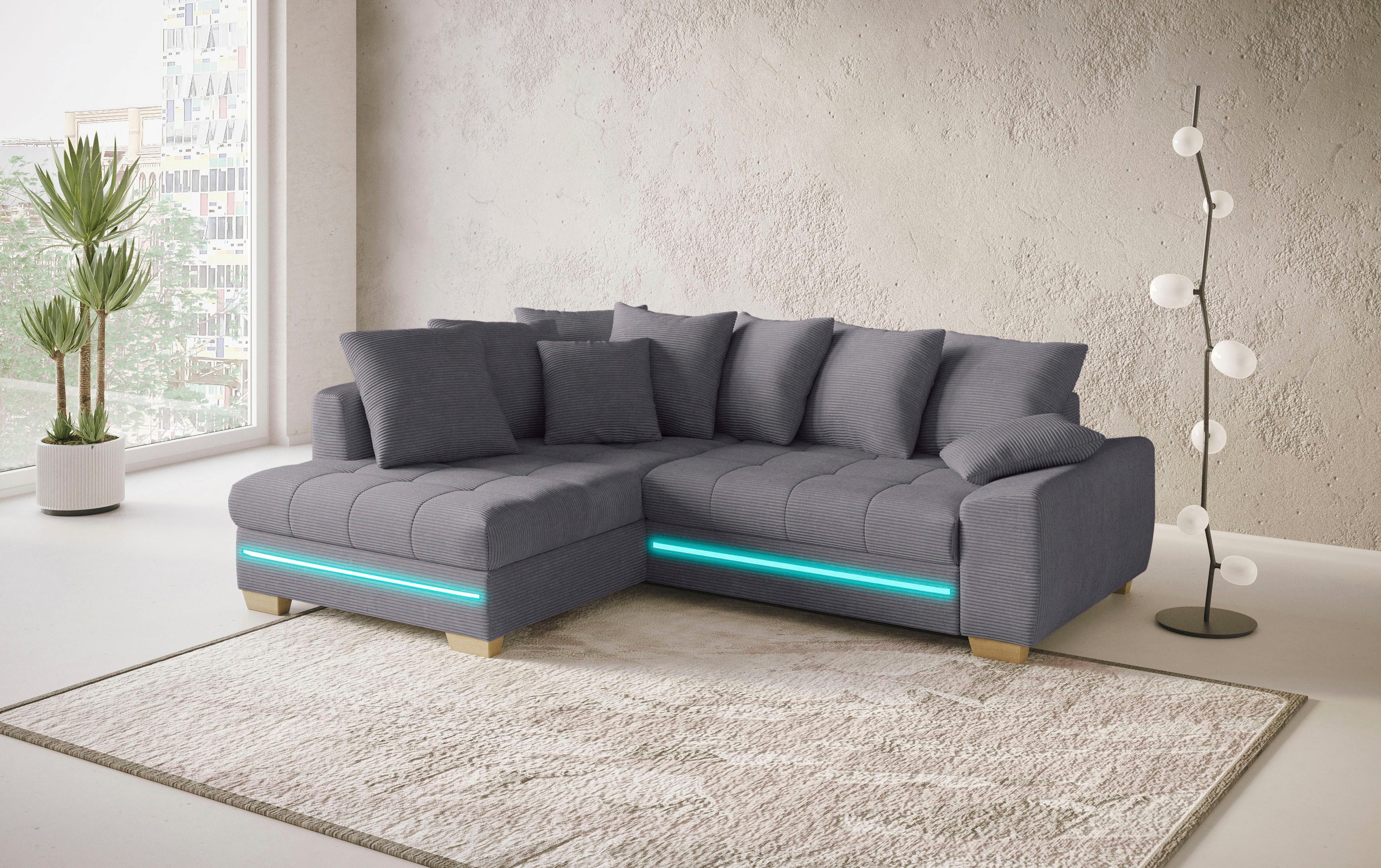 Mr. Couch Hoekbank Nikita II, L-vorm met koudschuim, rgb-led-verlichting, optioneel met bed, bedlade