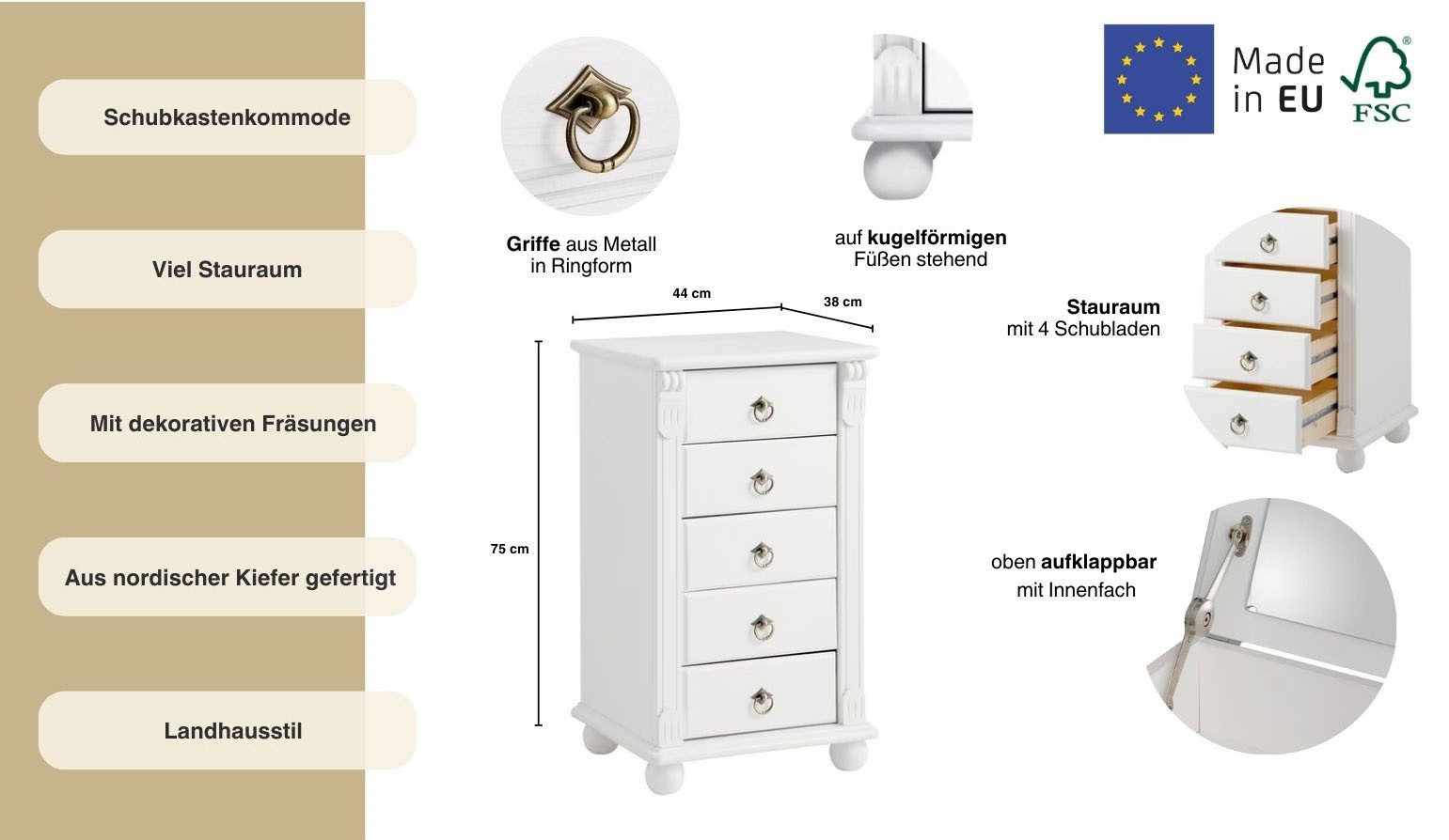 Home affaire Ladekast TESSIN Make-up commode met spiegel, van massief dennenhout, FSC®-gecertificeerd