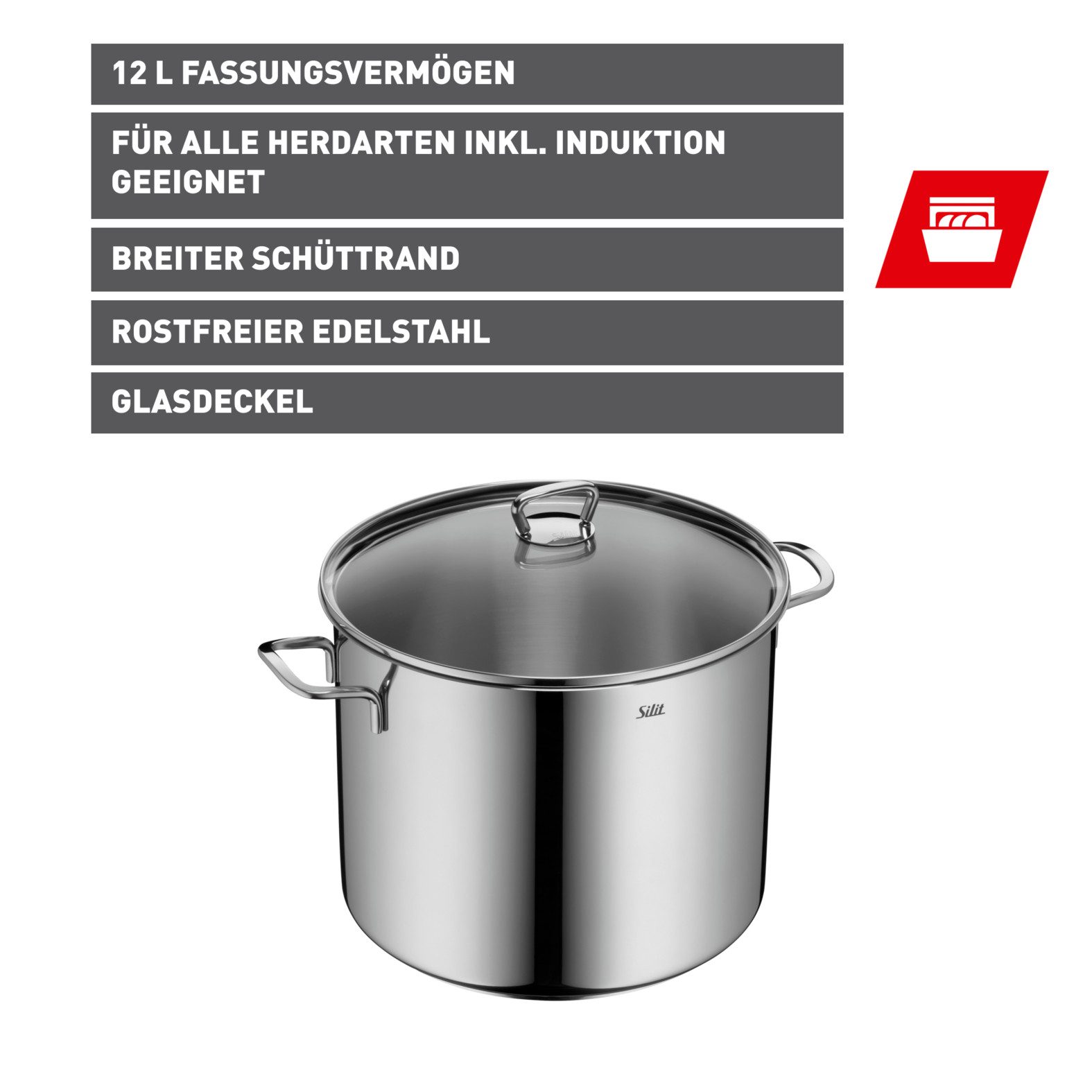 Silit Groentepan Soeppan inductie met glazen deksel geschikt voor alle soorten fornuizen, kookpan met extra hoge rand 12l (set, 2-delig)