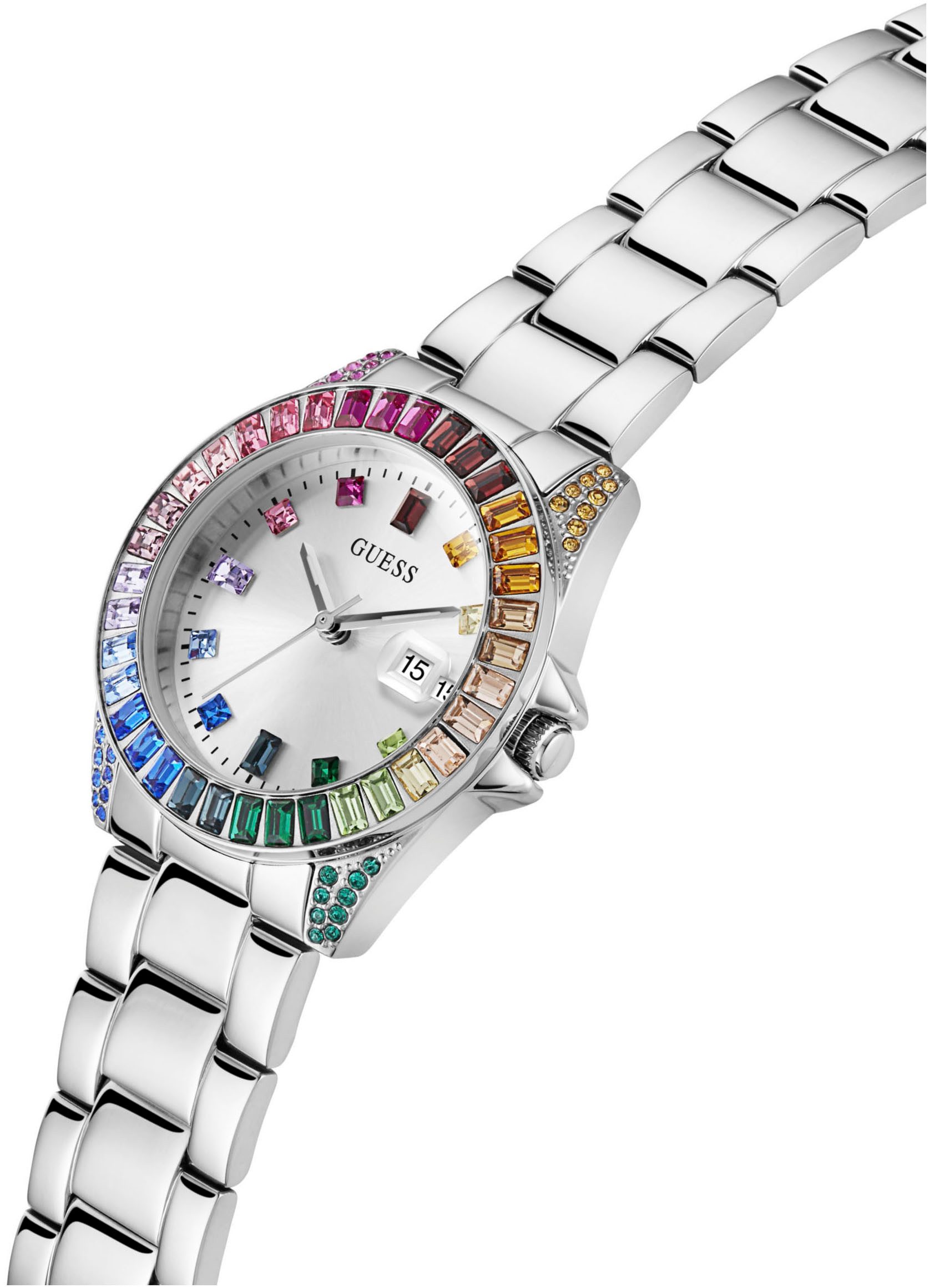 Guess Kwartshorloge Opaline Horloge, dameshorloge, datum, kristallen, mineraalglas, analoog