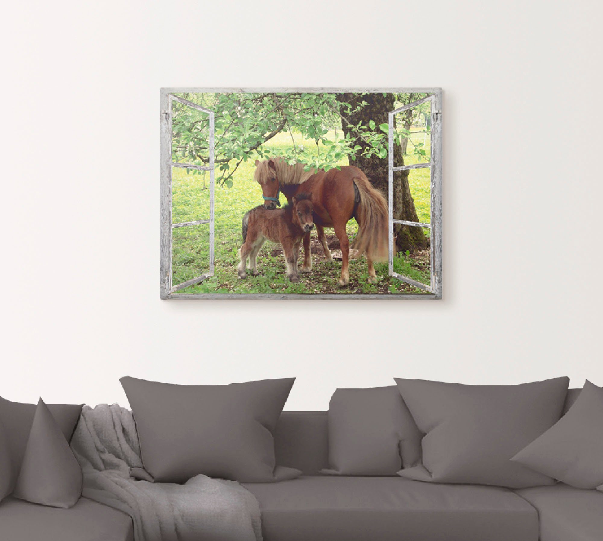 Artland Artprint Blik uit het venster - pony met kind als artprint op linnen, poster, muursticker in verschillende maten