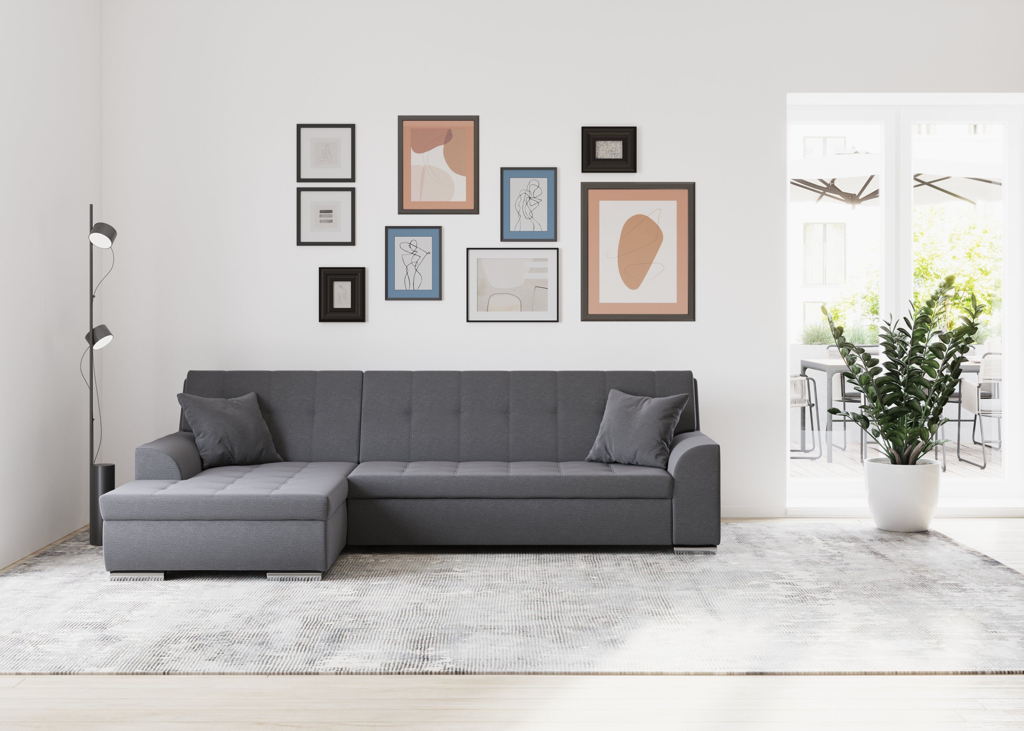 DOMO collection Hoekbank Treviso veel bekledingen, ook in cord, L-vorm, B/D/H: 267/80/83 cm optioneel met slaapbank functie, incl. sierkussens, hoogwaardig doorgestikt patroon