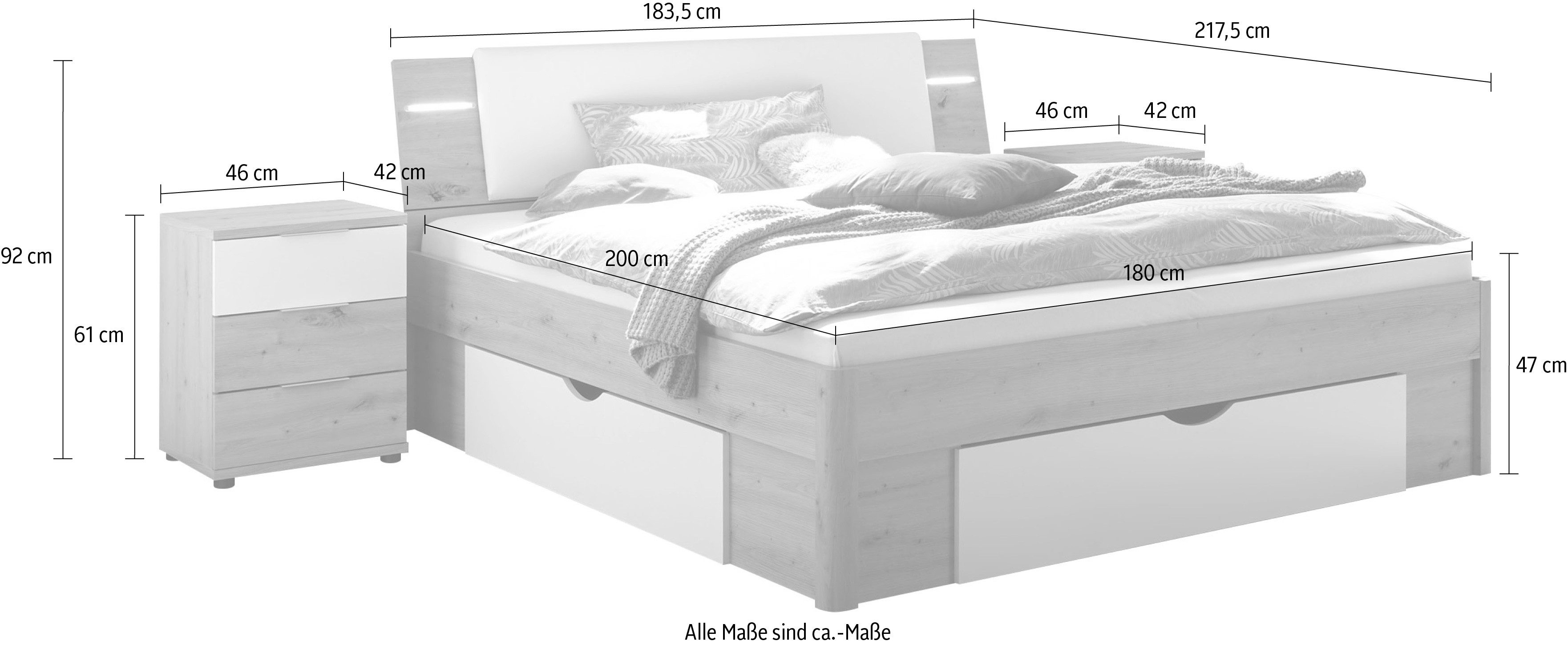 Schlafkontor Ledikant Florida inclusief led-verlichting met 3 lades en nachtkastjes 2-set