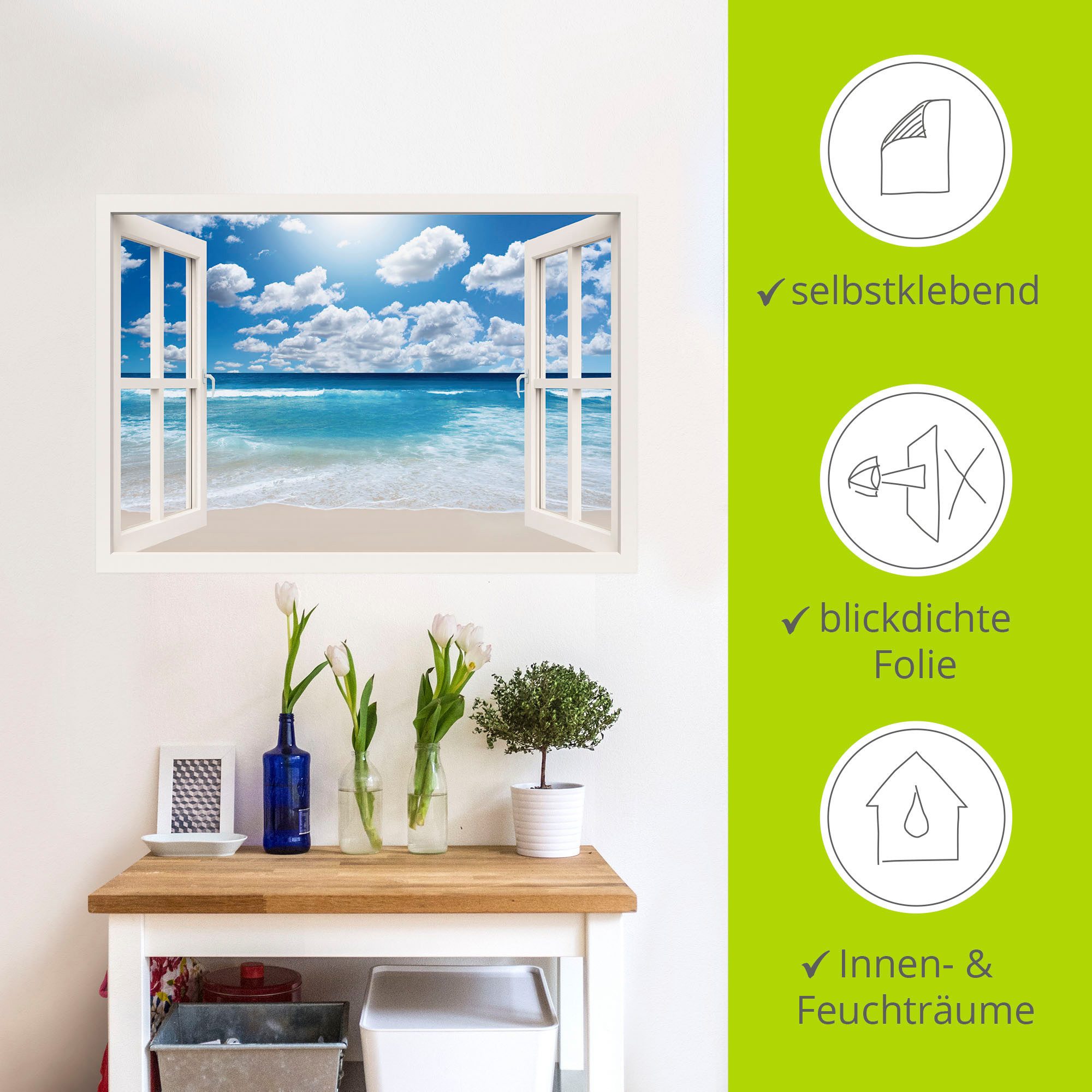 Artland Artprint Blik uit het venster Geweldig strandlandschap als artprint op linnen, poster, muursticker in verschillende maten