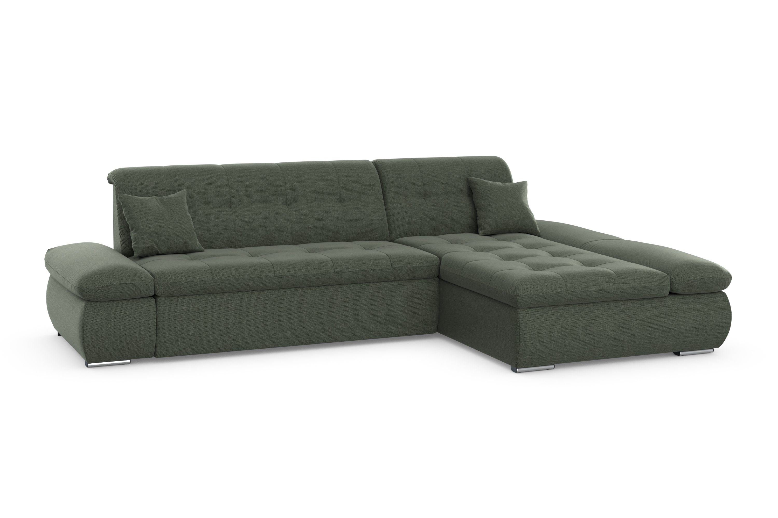DOMO collection Hoekbank Moric, L-vorm, XXL-bank - Breedte 300cm keuze met bedfunctie en armleuningverstelling, donkergroen