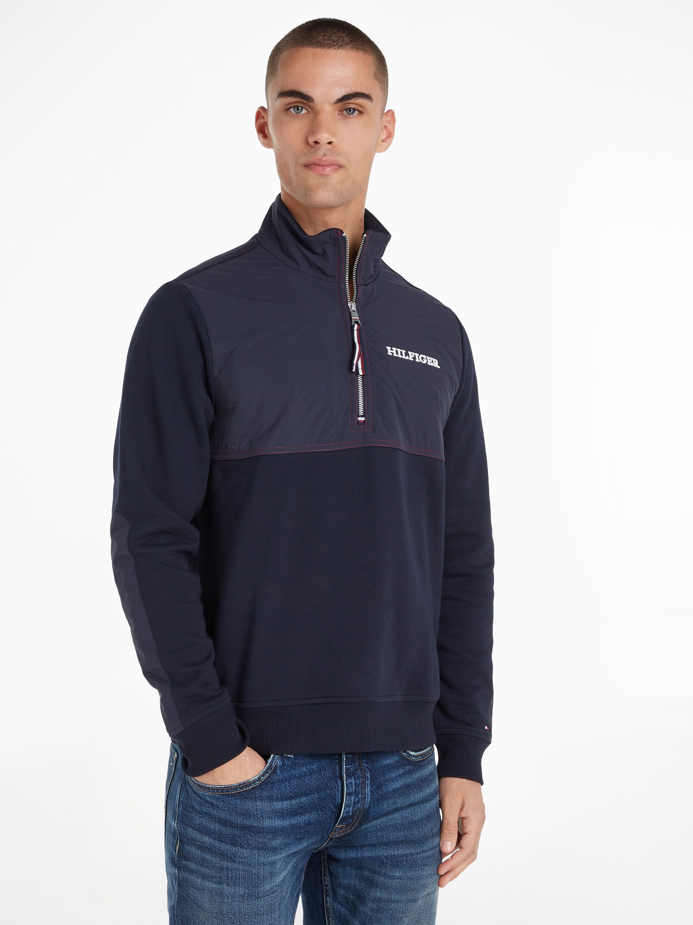 Tommy Hilfiger Sweatshirt MONOTYPE MIX MEDIA HALF ZIP met inzetten in andere materialen