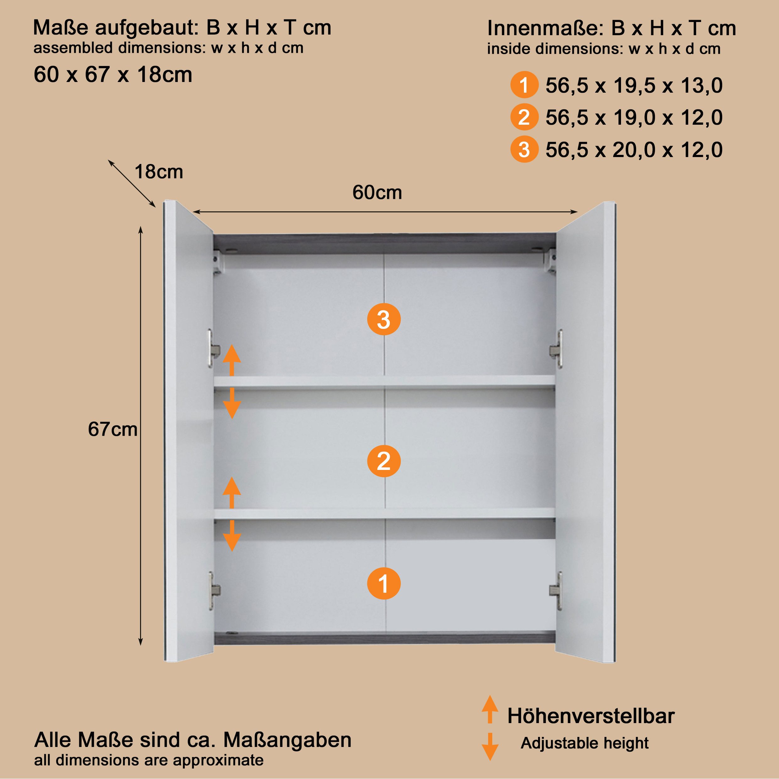 welltime Spiegelkast Sovana Badkamerkast optioneel met of zonder verlichting - (B/D/H) 60/18/67 cm