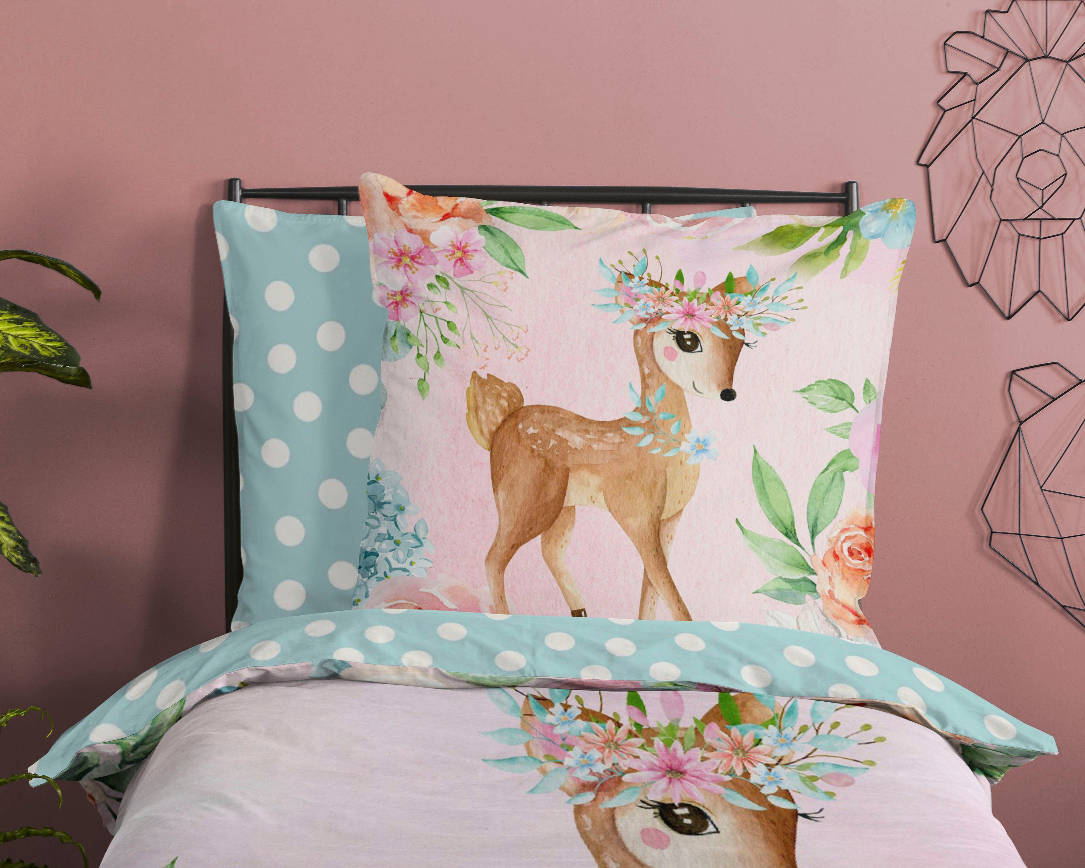 good morning Kinderovertrekset Sweet2 Katoen, 135x200, Rits, Omkeerbaar, Kind, Meisje, Hert, Roze (2-delig)