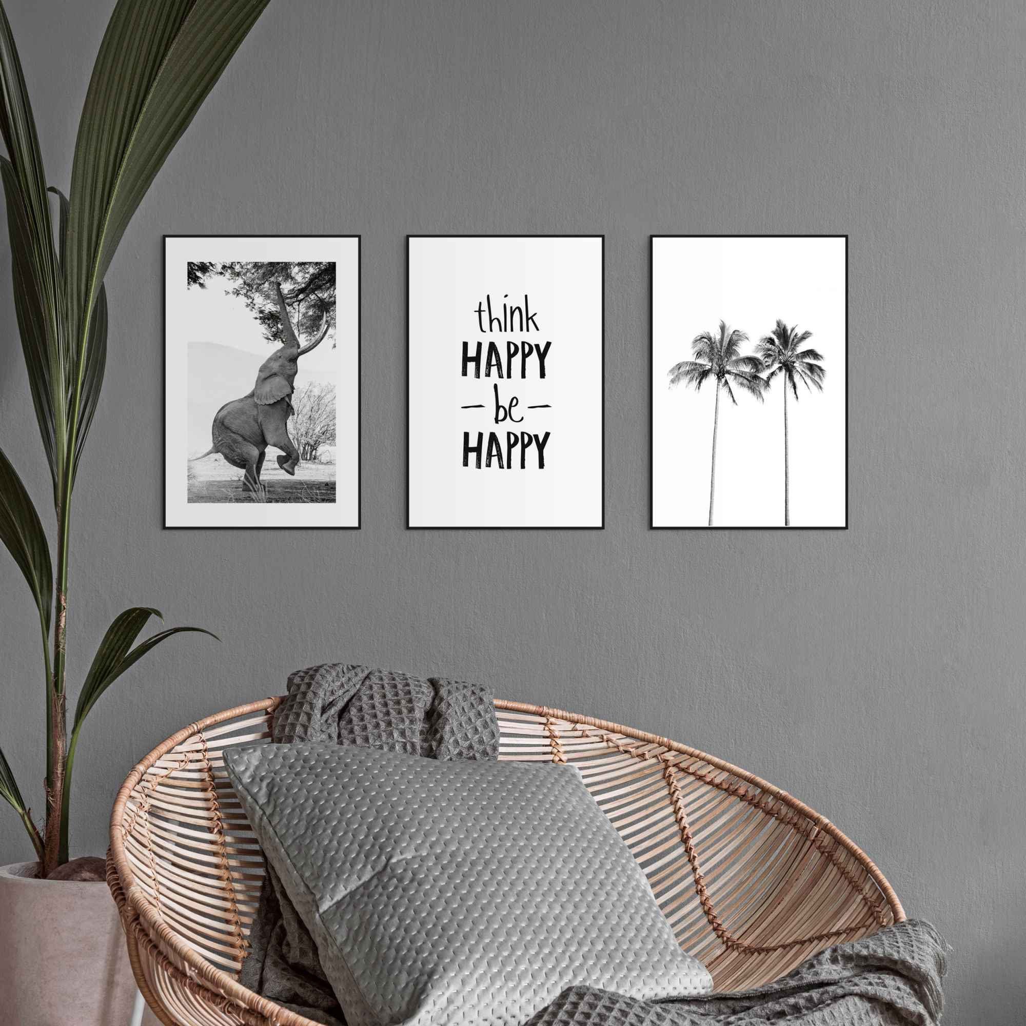 Reinders! Artprint Happy vrijheid - palm - olifant - blij (3-delig)