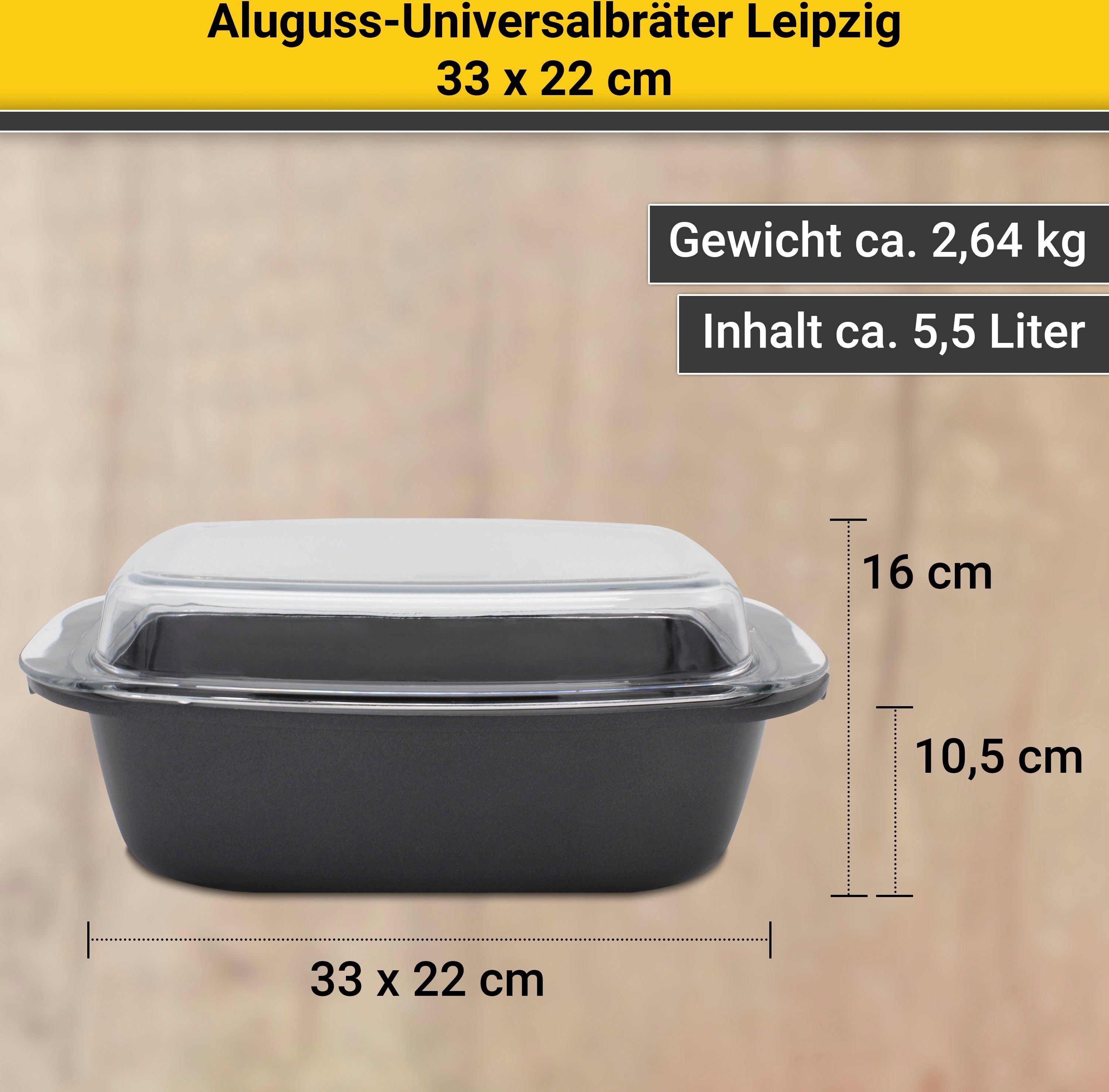 Krüger Braadpan Aluguss universele braadpan met glazen deksel LEIPZIG, 33 x 22 x 10,5 cm