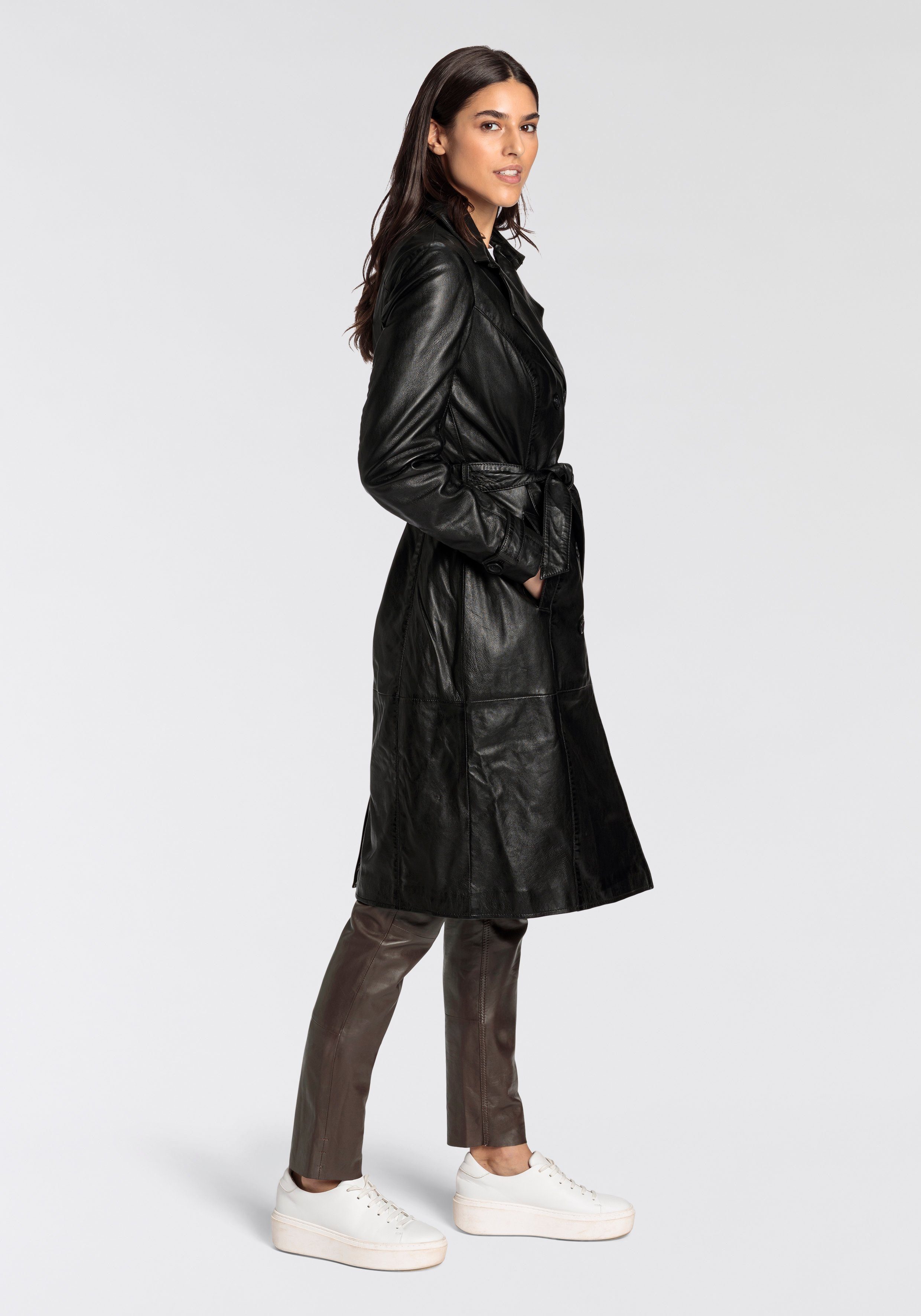 Mauritius Lange, leren jas GWTaruh OT elegante leren trenchcoat met bindceintuur (2-delig)