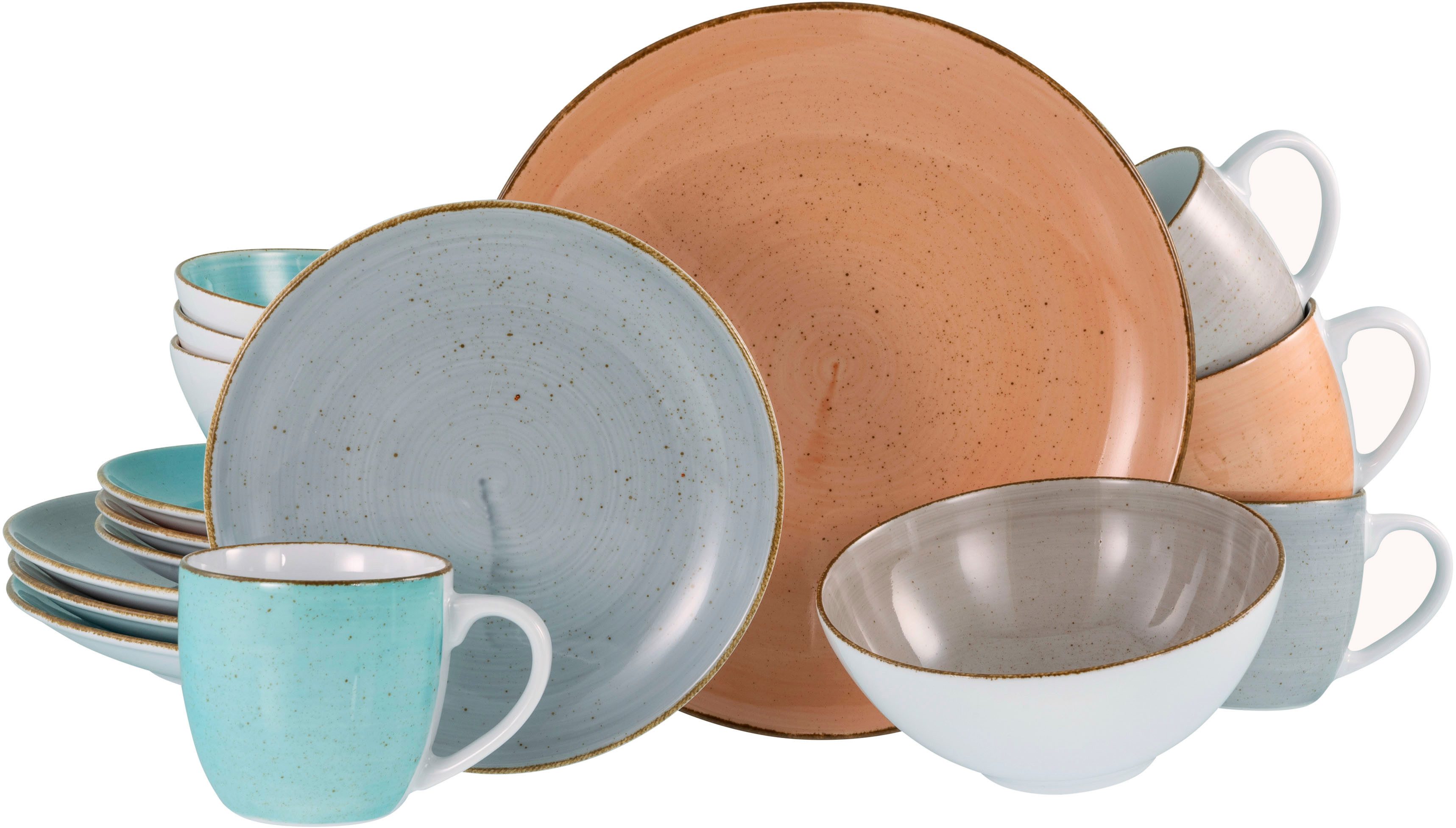 CreaTable Combi-servies Servies-set VINTAGE NATURE Servies, met de hand geschilderd, gespikkeld, 16 delen, voor 4 personen (set, 16-delig) serviezen