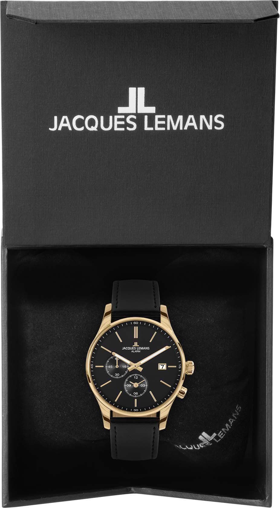 Jacques Lemans Kwartshorloge London, 1-2125C Horloge, herenhorloge, datum, glow-in-the-dark wijzers, leren band