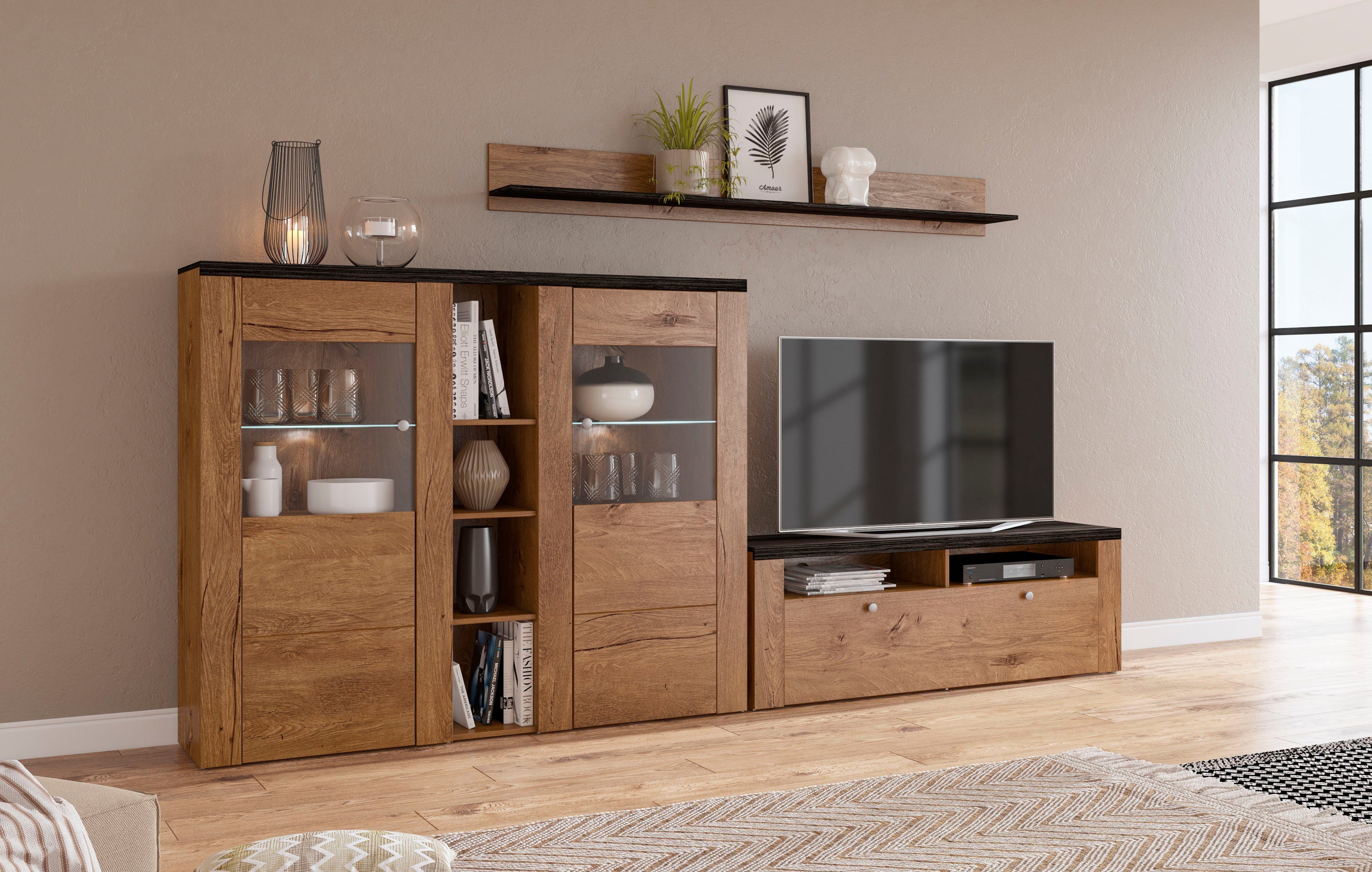 Home affaire Wandmeubel Larona, Woonwand, 3-delig set, bestaande uit 1 tv-kast, 1 hoge kast, 1 wandplank (3-delig)