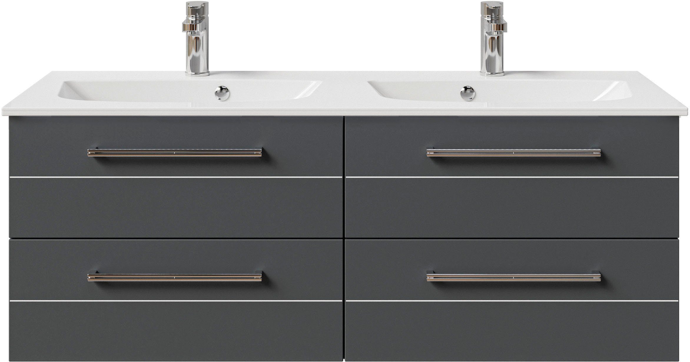 Saphir Wastafelonderkast Serie 6025 mineraalmarmeren wastafel met onderkast, 132 cm breed Dubbele wastafel met 4 lades, hangend, verschillende uitvoeringen (2-delig)