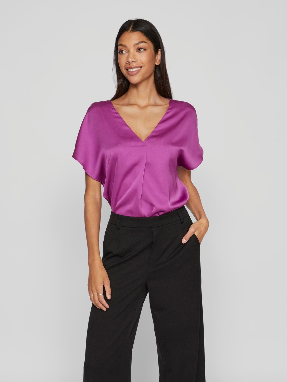 Vila Korte mouwen V-hals T-shirt voor vrouwen Purple Dames