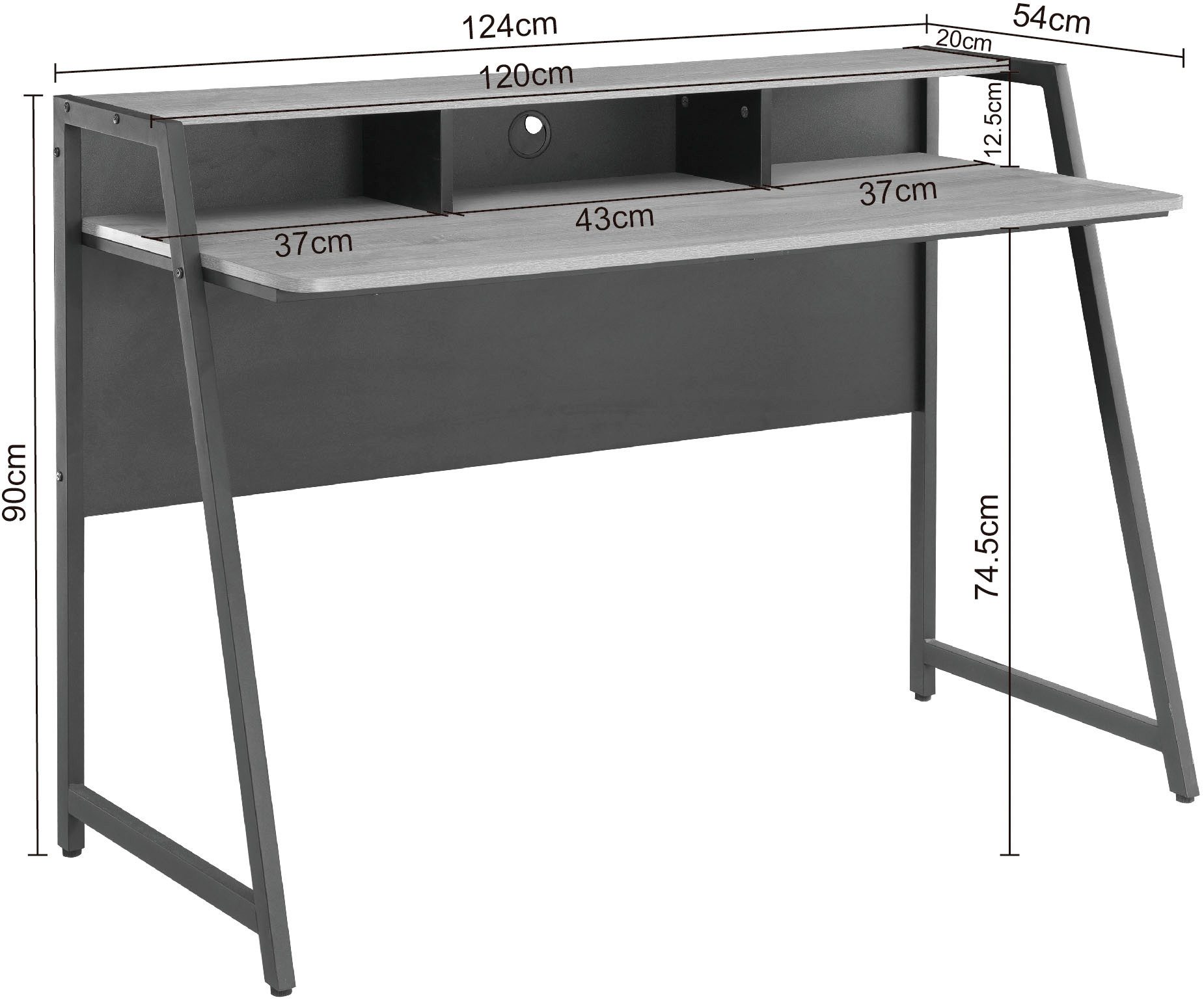 INOSIGN Bureau Horda, computertafel met monitorsteun & kabeldoorvoer asymmetrisch metalen frame, afgeronde abs-randen, breedte 124 cm
