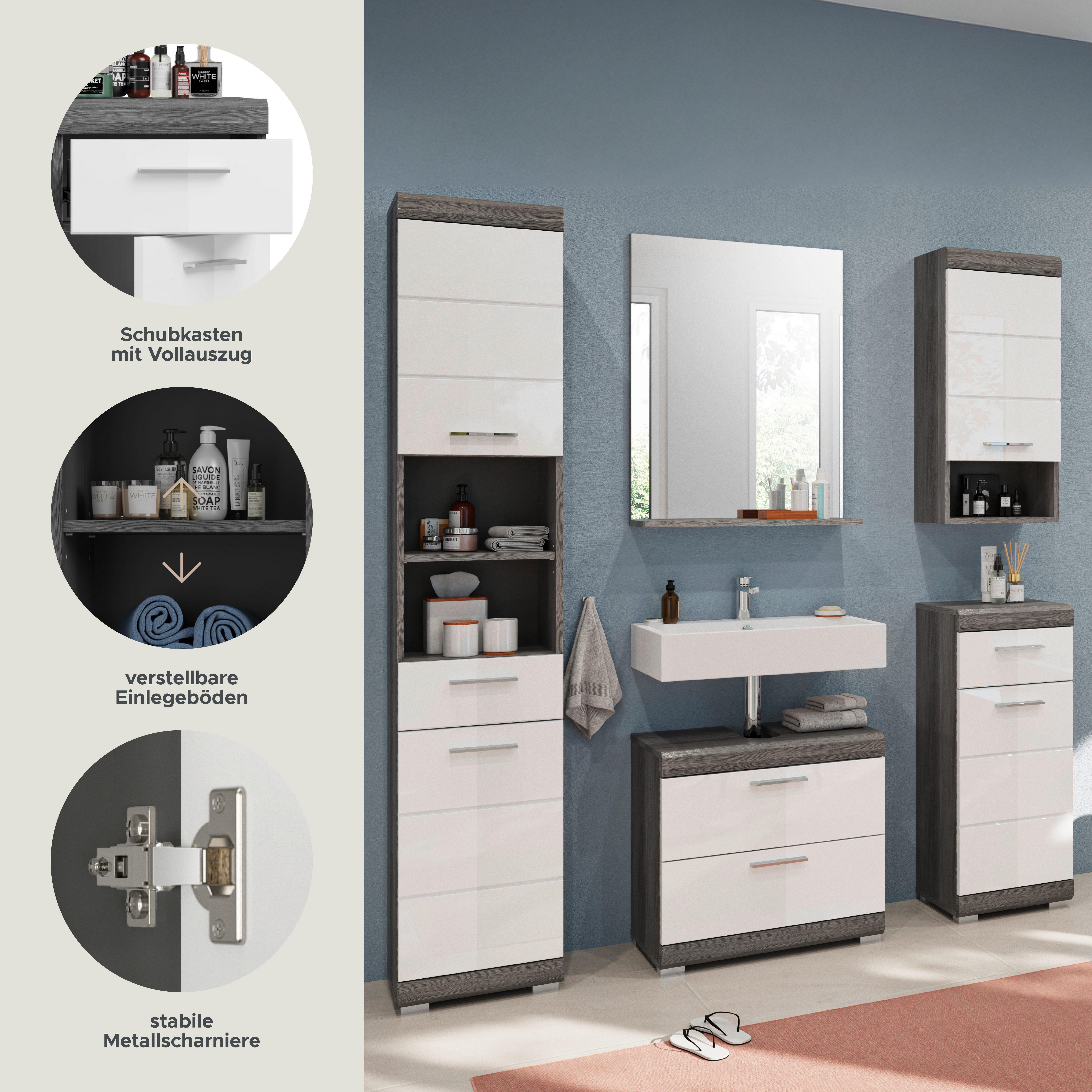 INOSIGN Badmeubelset Siena, 5-delig, bestaande uit: Hoge kast, WBU, spiegel, onderkast, hangkast (set, 5 stuks)