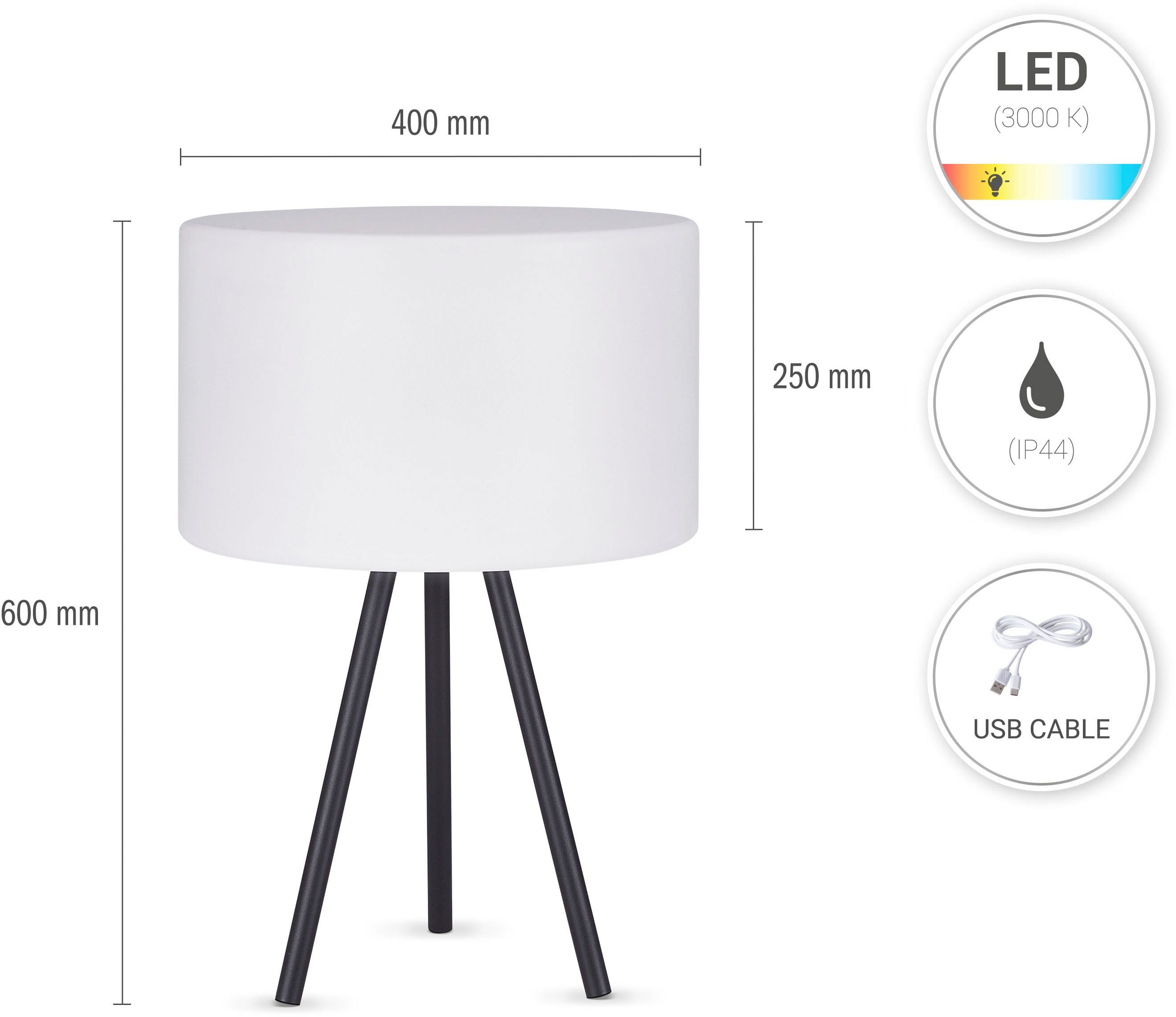 Paco Home Tafellamp BRUCE Outdoor tafellamp driepoot LED accu Scandinavische nachtlamp