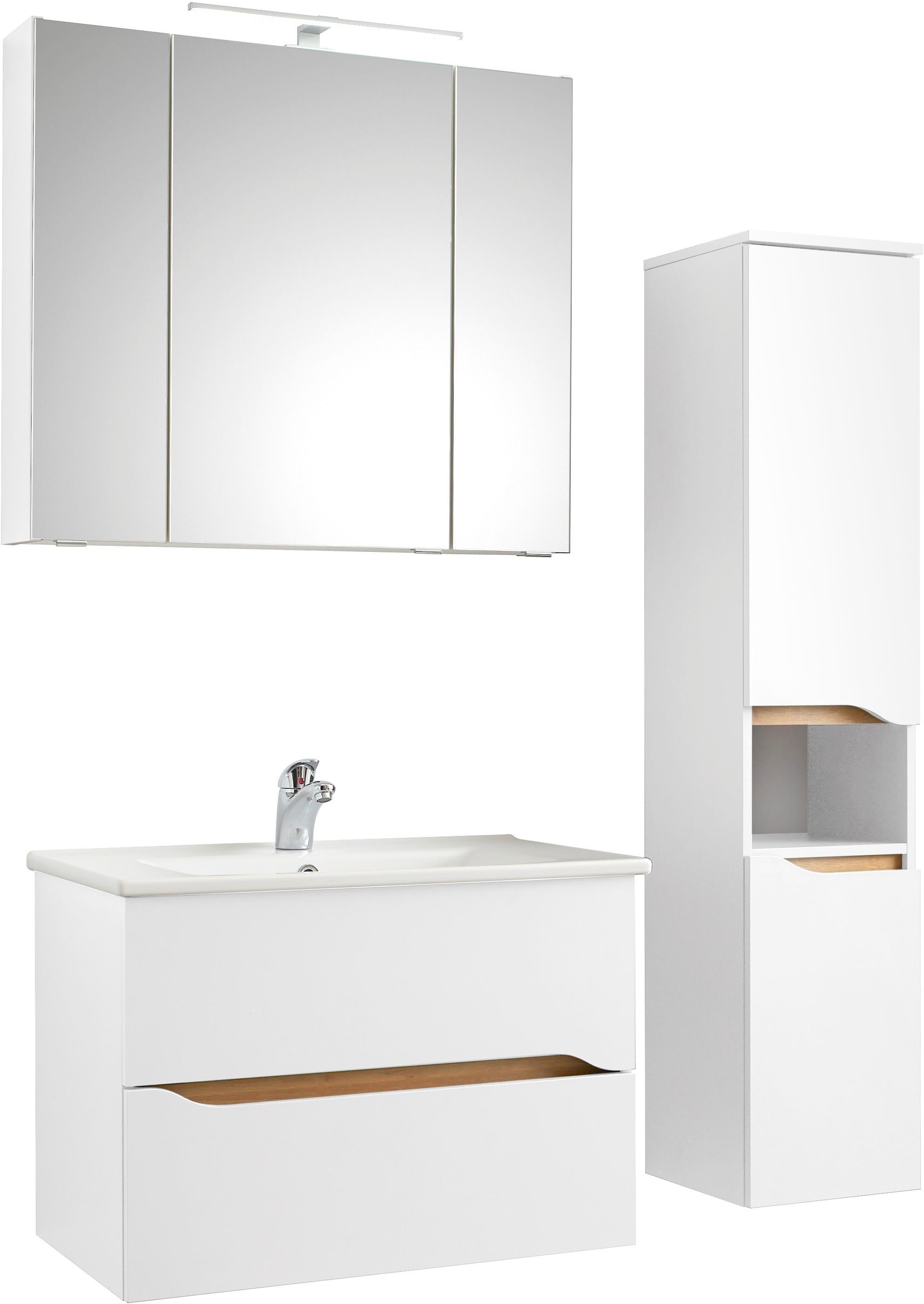 Saphir Badkamerserie Quickset 3-delig, keramische wastafel met LED-spiegelkast Halfhoge kast, inclusief deurdemper, 2 laden, 5 deuren, 8 planken (4-delig)