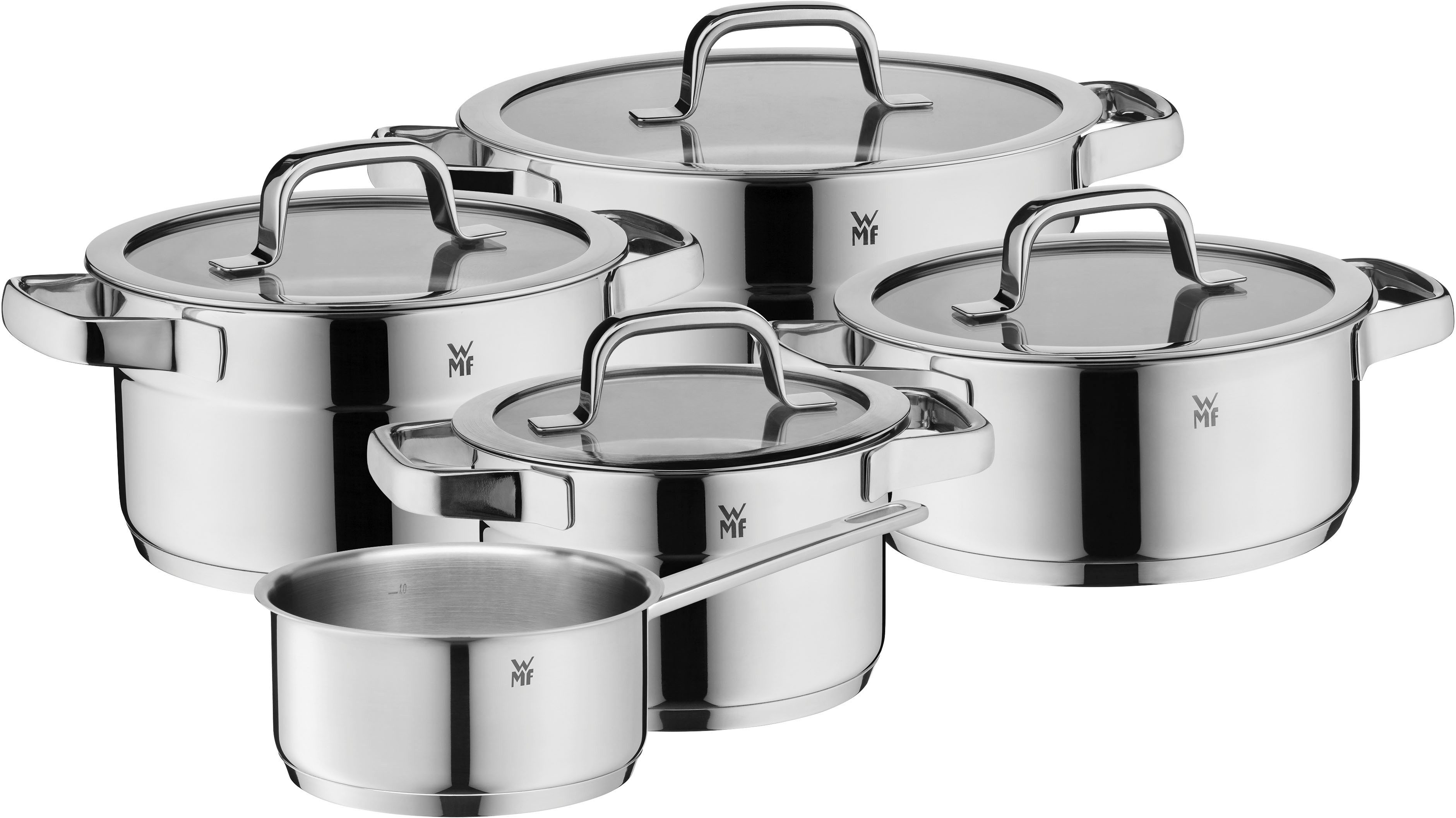 WMF Pannenset Compacte Keuken ruimtebesparend stapelbaar, warmte-reducerende holle handvatten, interne schaalverdeling (set) pannensets zilver(kleur)