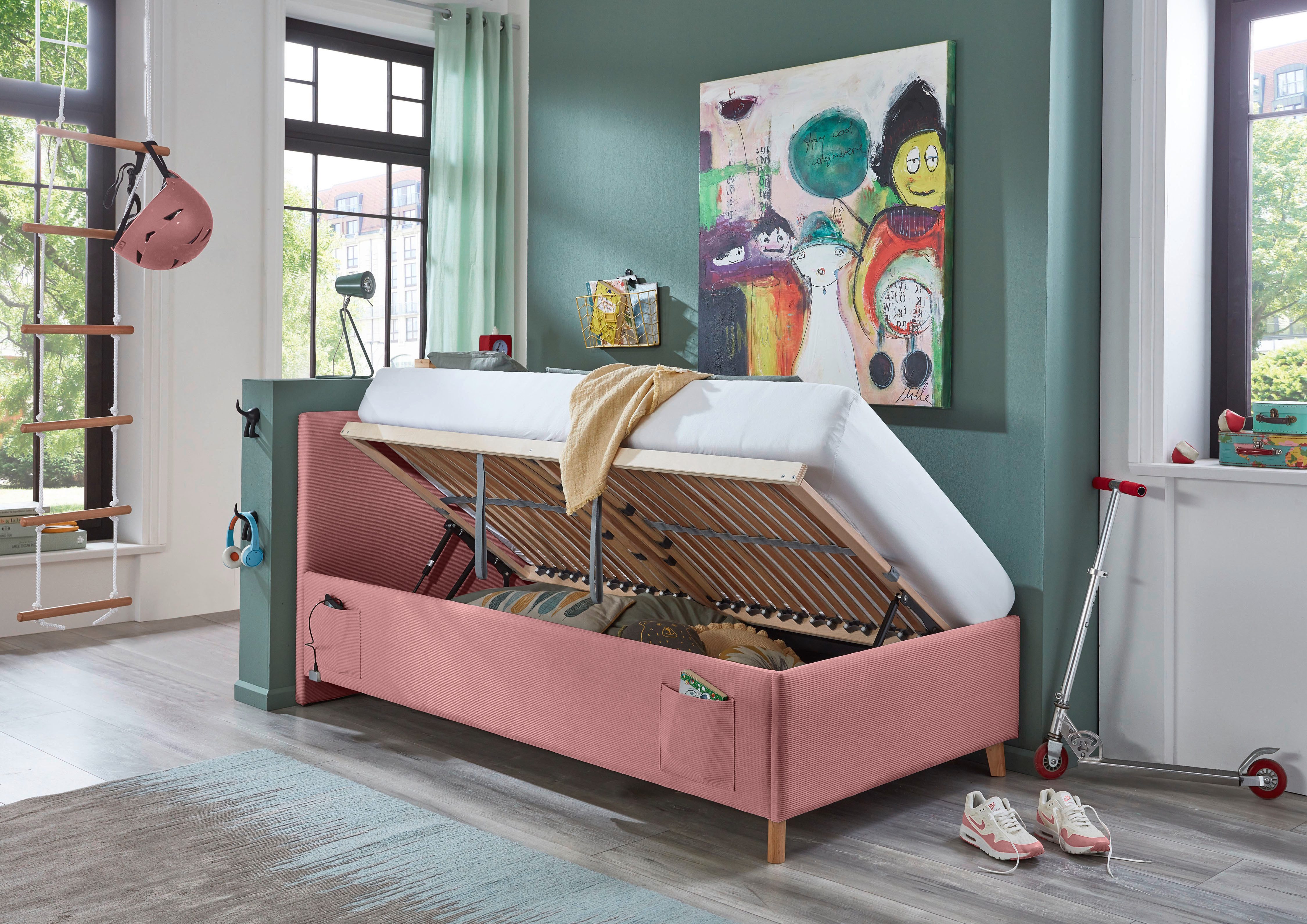meise.möbel Kinderledikant Blauw Bekleed bed naar keuze met bedkist, tienerbed inclusief USB-aansluiting