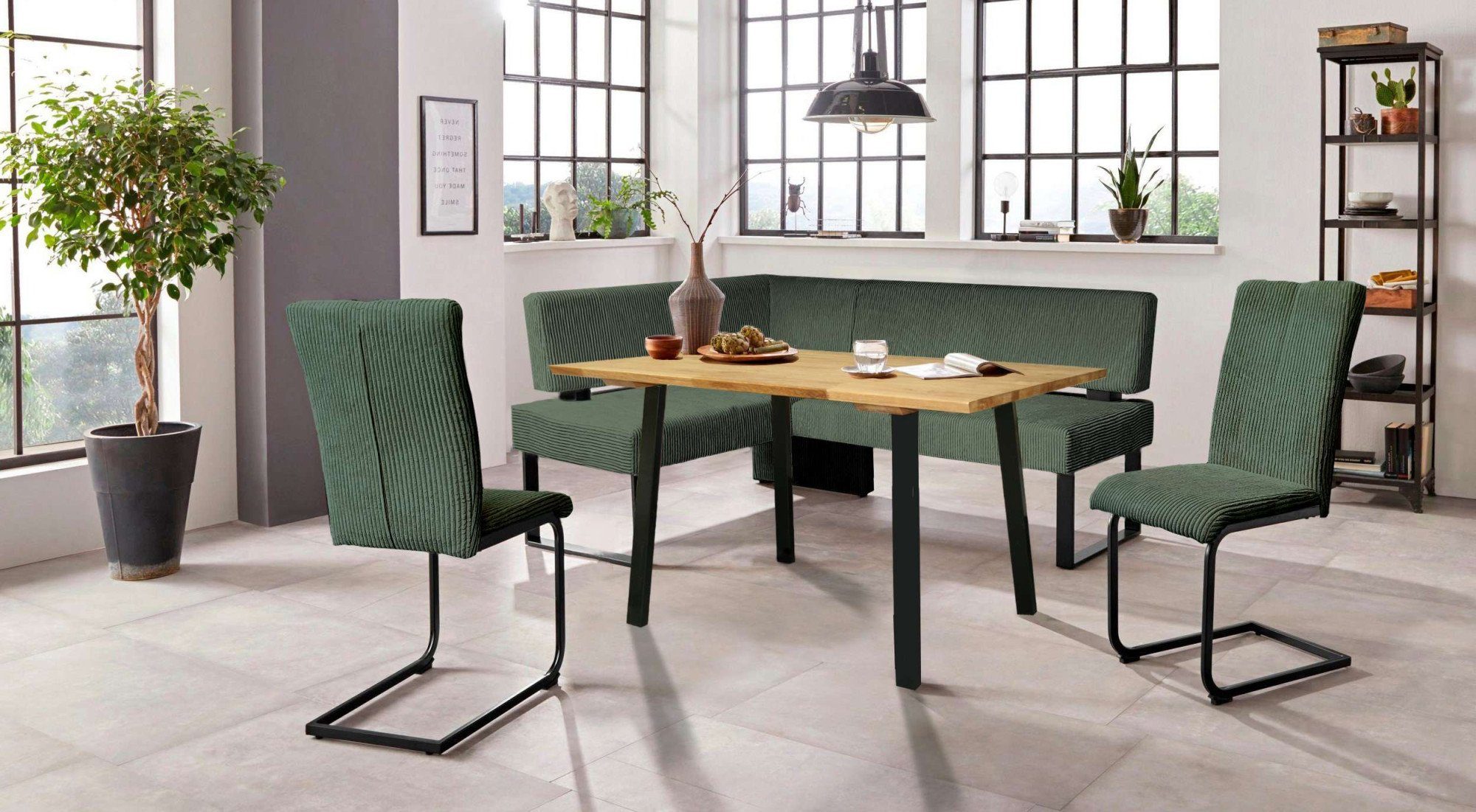 Home affaire Eethoek Oliver Hoekbank met golfvering in de zitting, tafel massief eiken (set, 4-delig) eethoeken maat 200 cm x 89 cm x 160 cm groen