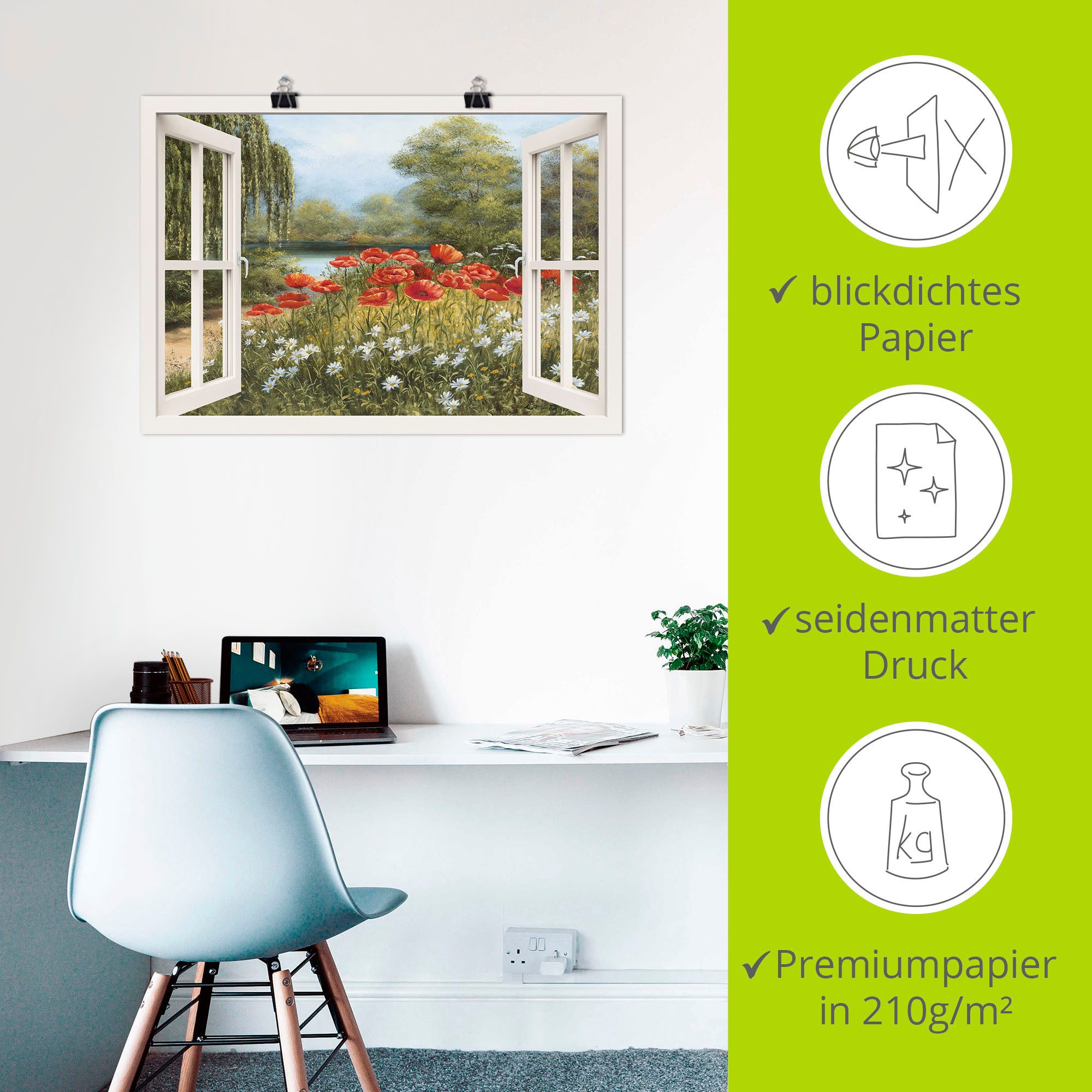 Artland Artprint Blik uit het venster klaproosweide als artprint op linnen, poster in verschillende formaten maten