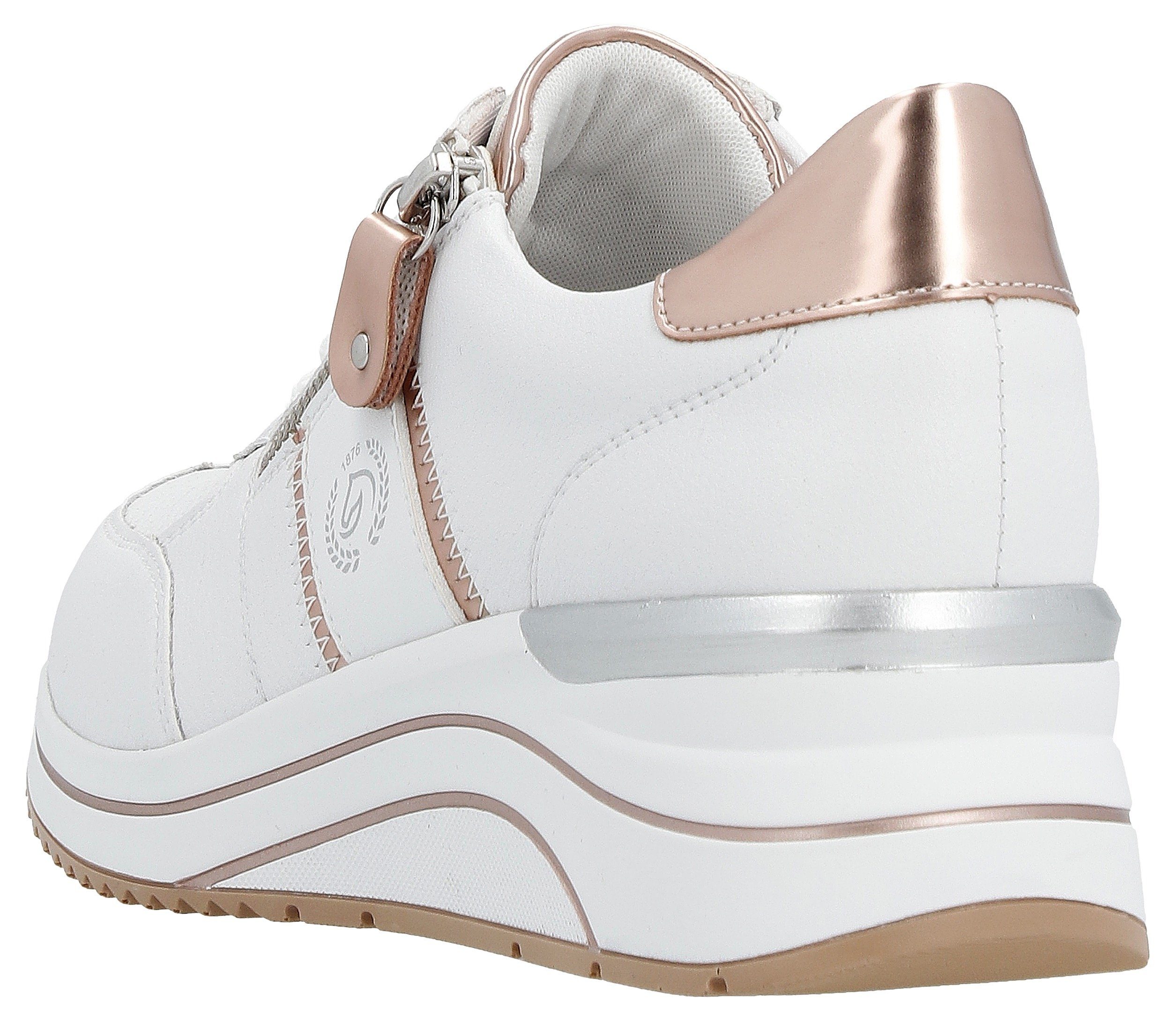 Remonte Sneakers met sleehak , vrijetijdsschoen, lage schoen, veterschoen met metallic contrastaccenten