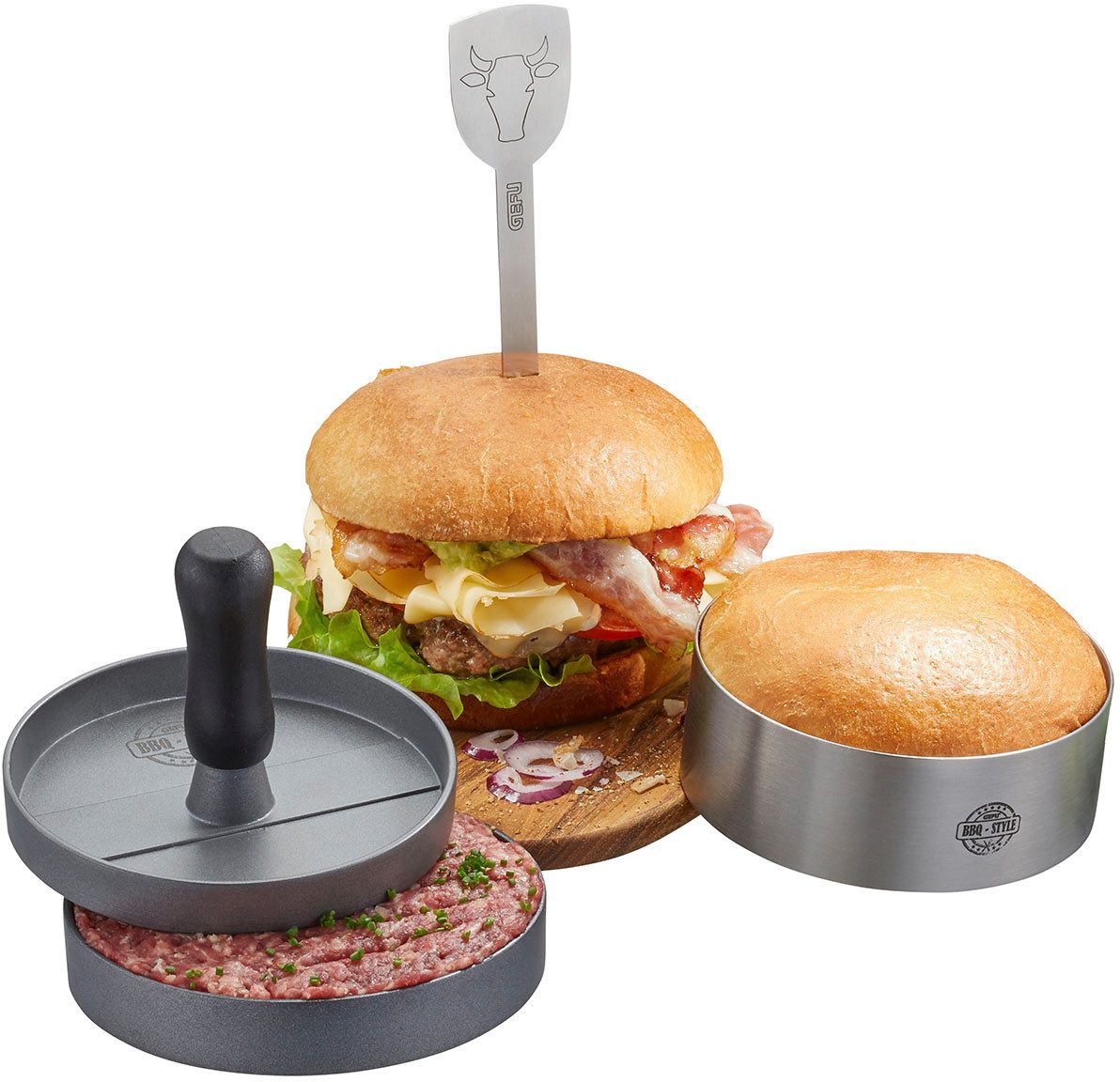 GEFU Burgerpers BBQ hoogwaardig roestvrij staal set voor perfecte burgers, eenvoudig te...