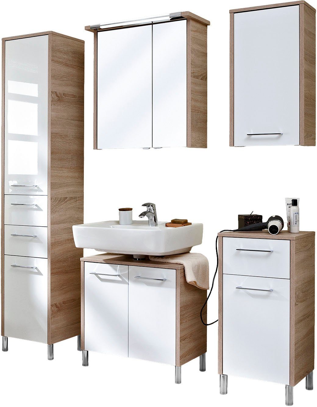 Saphir Badkamerserie Quickset 382 5-delig, wastafelonderkast met led-spiegelkast Hoge kast, onderkast, hangend kastje, inclusief deurdemper, 8 deuren
