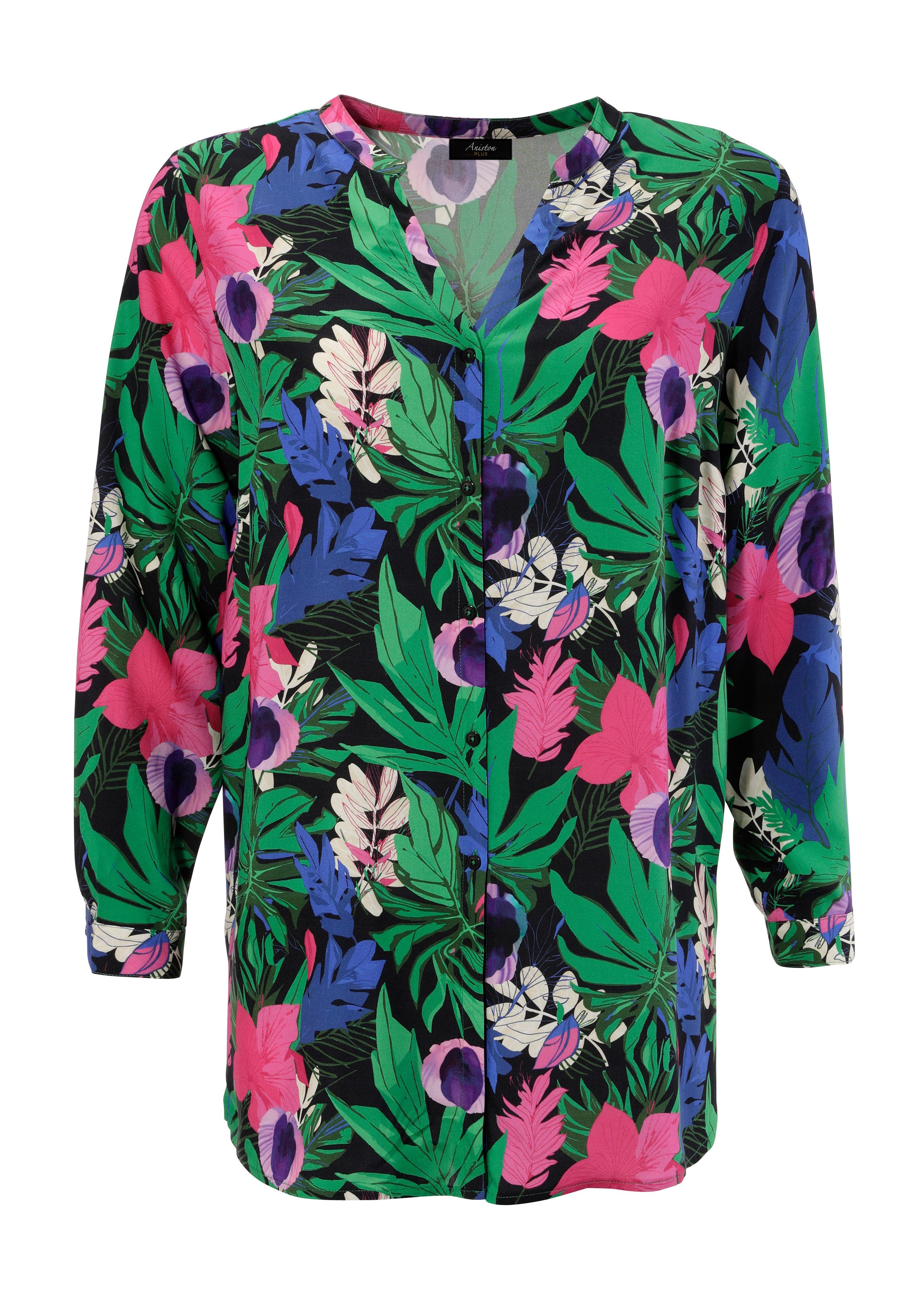 Aniston PLUS Lange blouse met tropische bloemen en bladeren bedrukt - nieuwe collectie