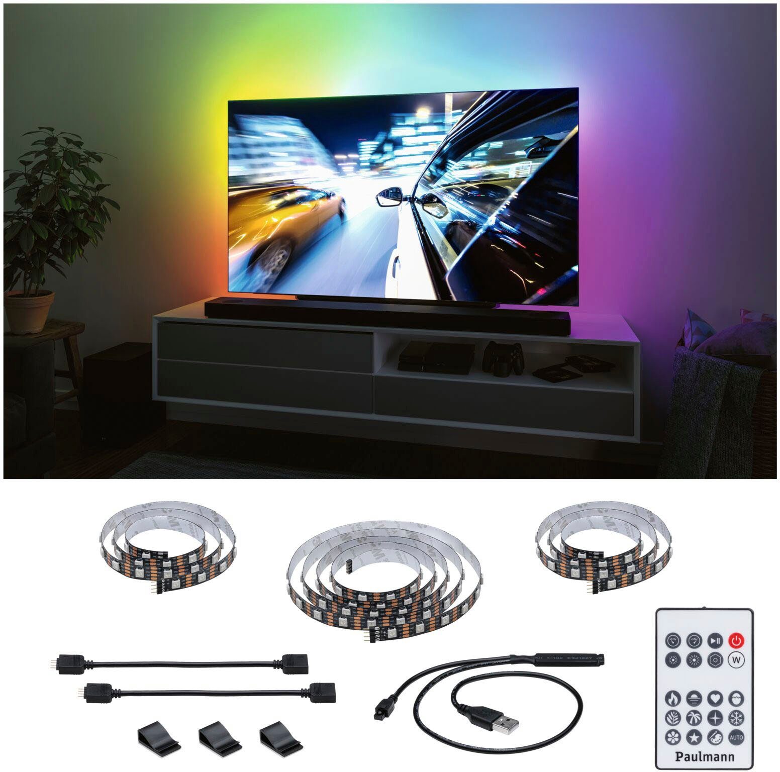 Paulmann Led-strepen USB LED Strip TV-Verlichting 65 Inch 2,4m Dynamic Rainbow RGB 4W (1 stuk)