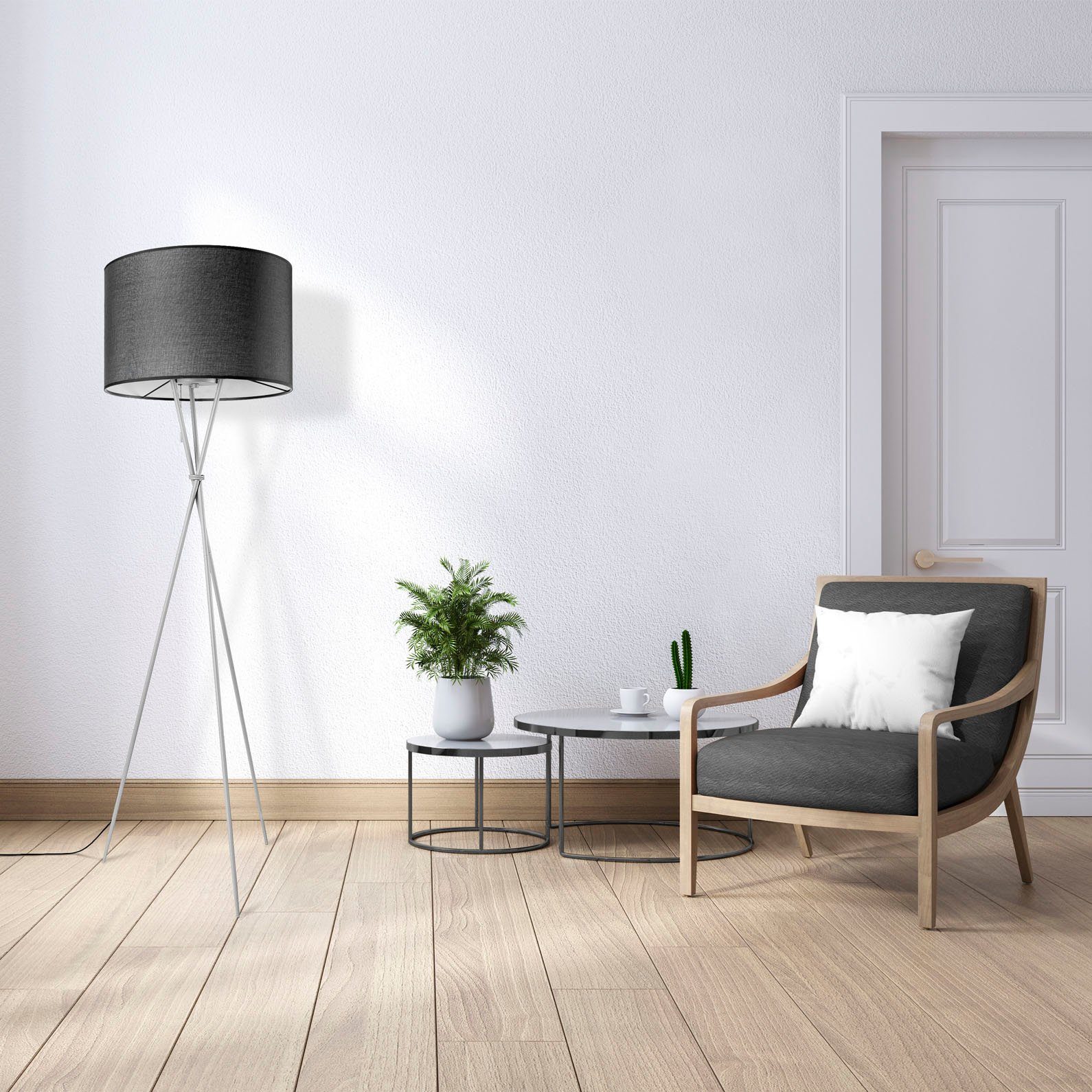 Paco Home Staande lamp KATE CANVAS UNI COLOR Woonkamer driepoot stoffen lampenkap vloerlamp textiel kap E27