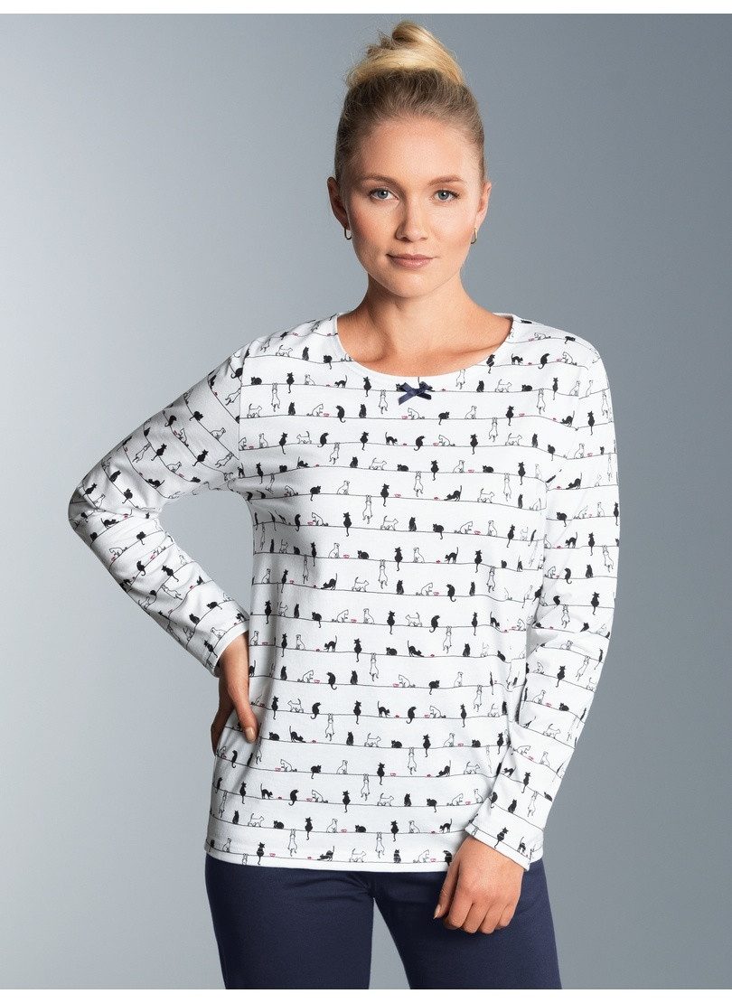 Trigema Pyjama TRIGEMA shirt met lange mouwen en poezenmotief (1-delig) dames nachtkleding maat XXL wit