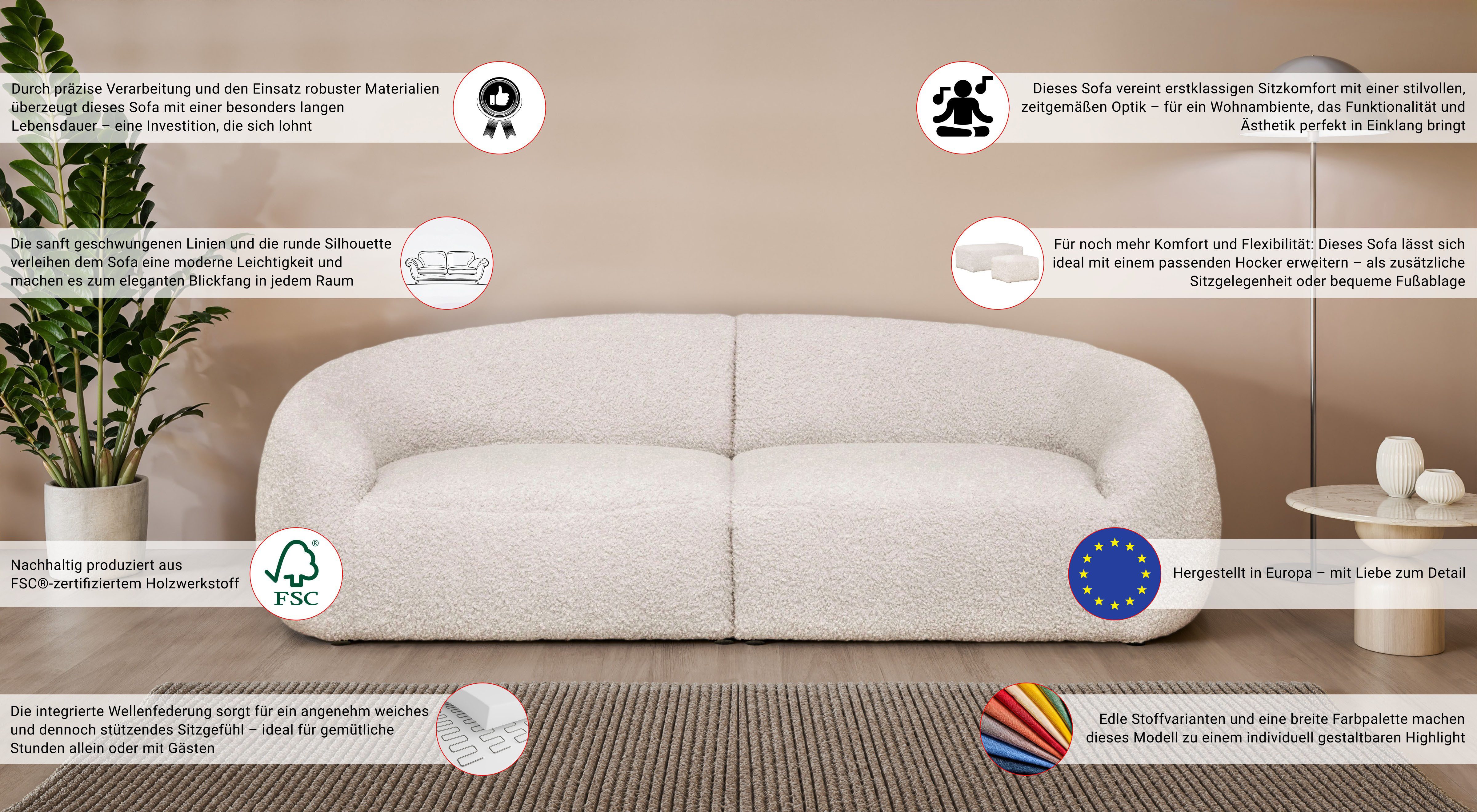 LeGer Home by Lena Gercke Megabank YANI, Designersofa, organische Form, Maße B/T/H: 240/64/81 cm met golfondersteuning, ook in bouclé, passend bij de serie