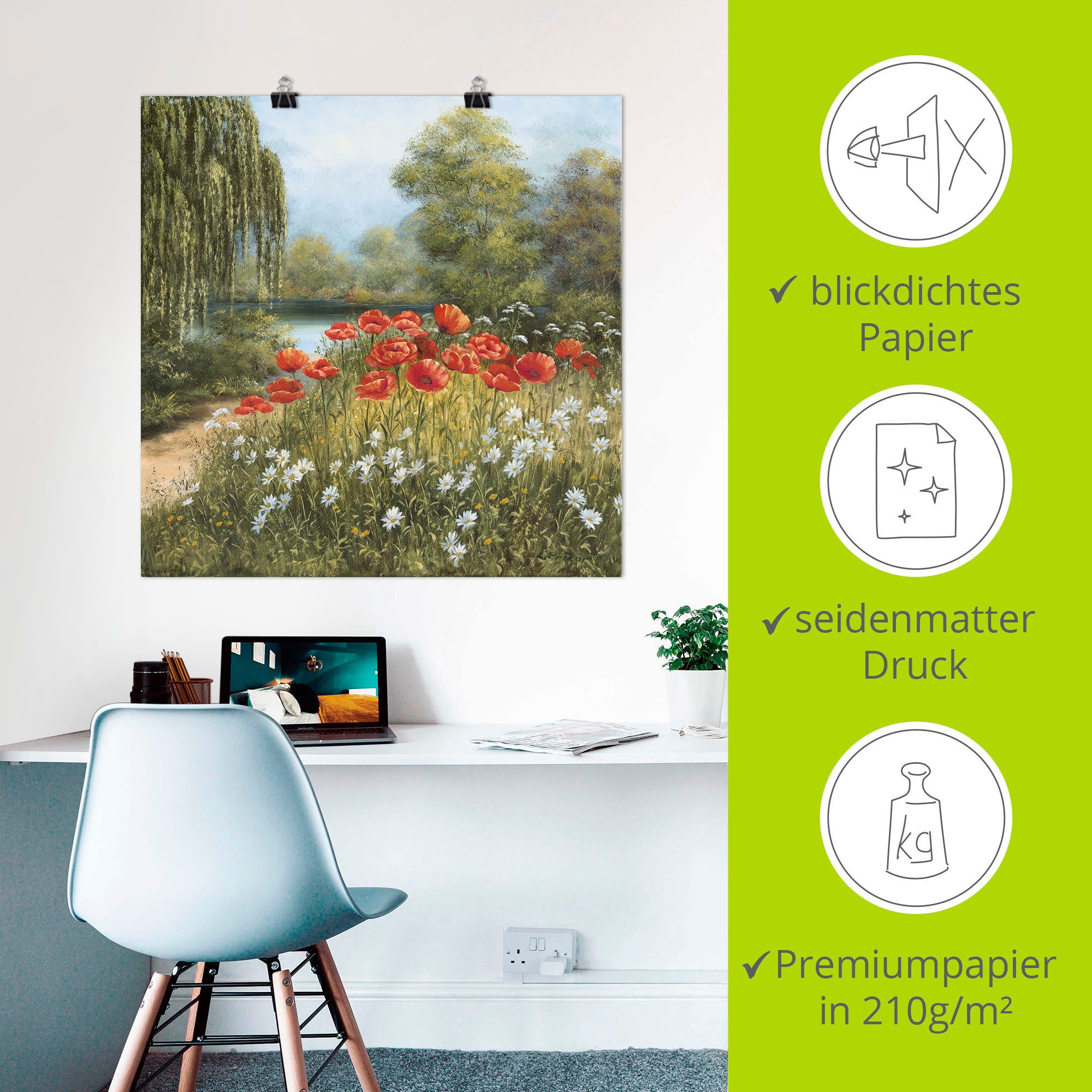 Artland Artprint Klaproosweide aan het meer als artprint van aluminium, artprint voor buiten, artprint op linnen, poster in verschillende maten. maten