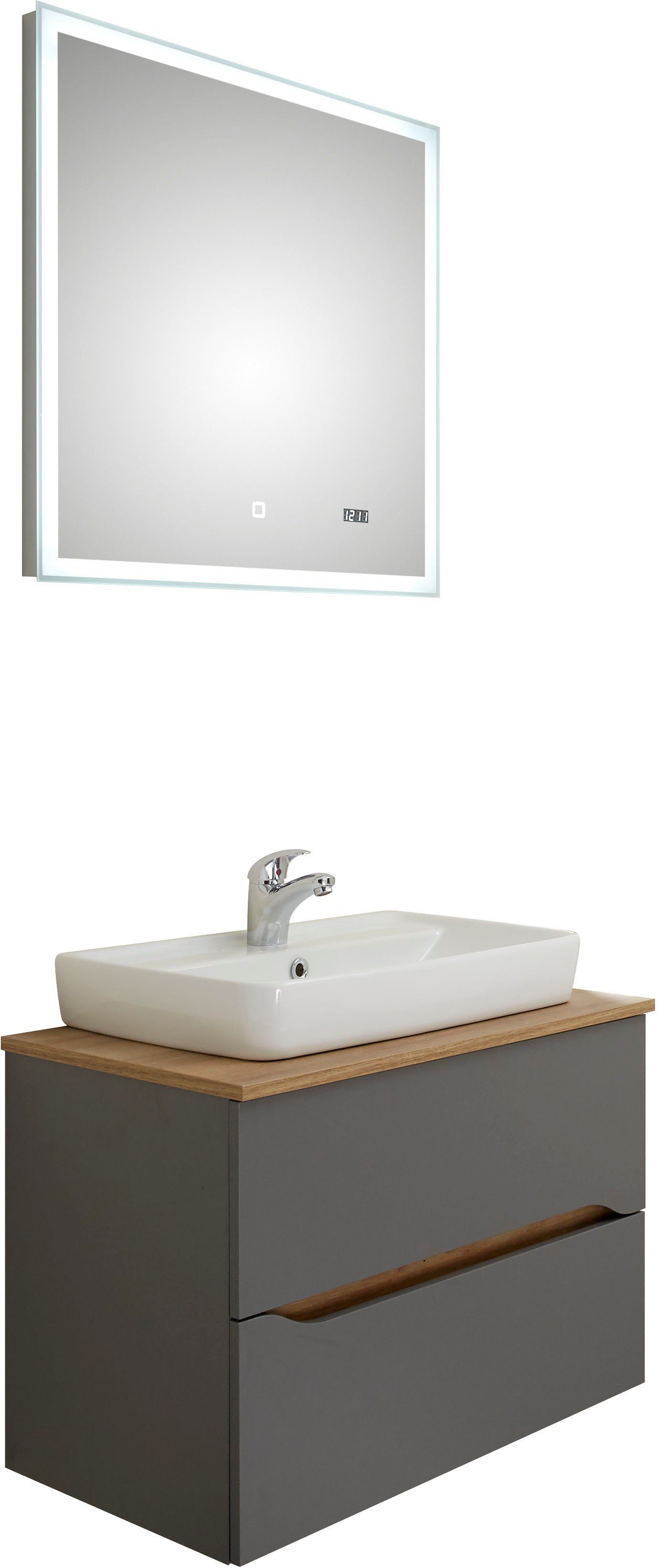 Saphir Badkamerserie Quickset 2-delig, keramieken opzetwasbak met led-spiegel Wastafelmeubel 73 cm breed, inclusief deurdemper, 2 laden (4-delig)