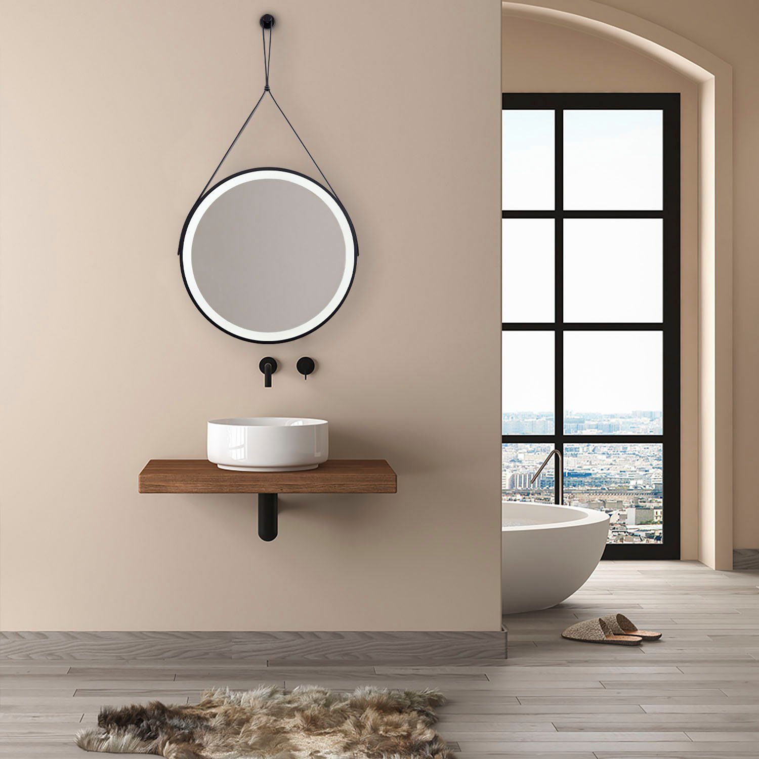 Paco Home Wandlamp Ivy LED backlight rond 50cm IP44 touch kunstleer ophang