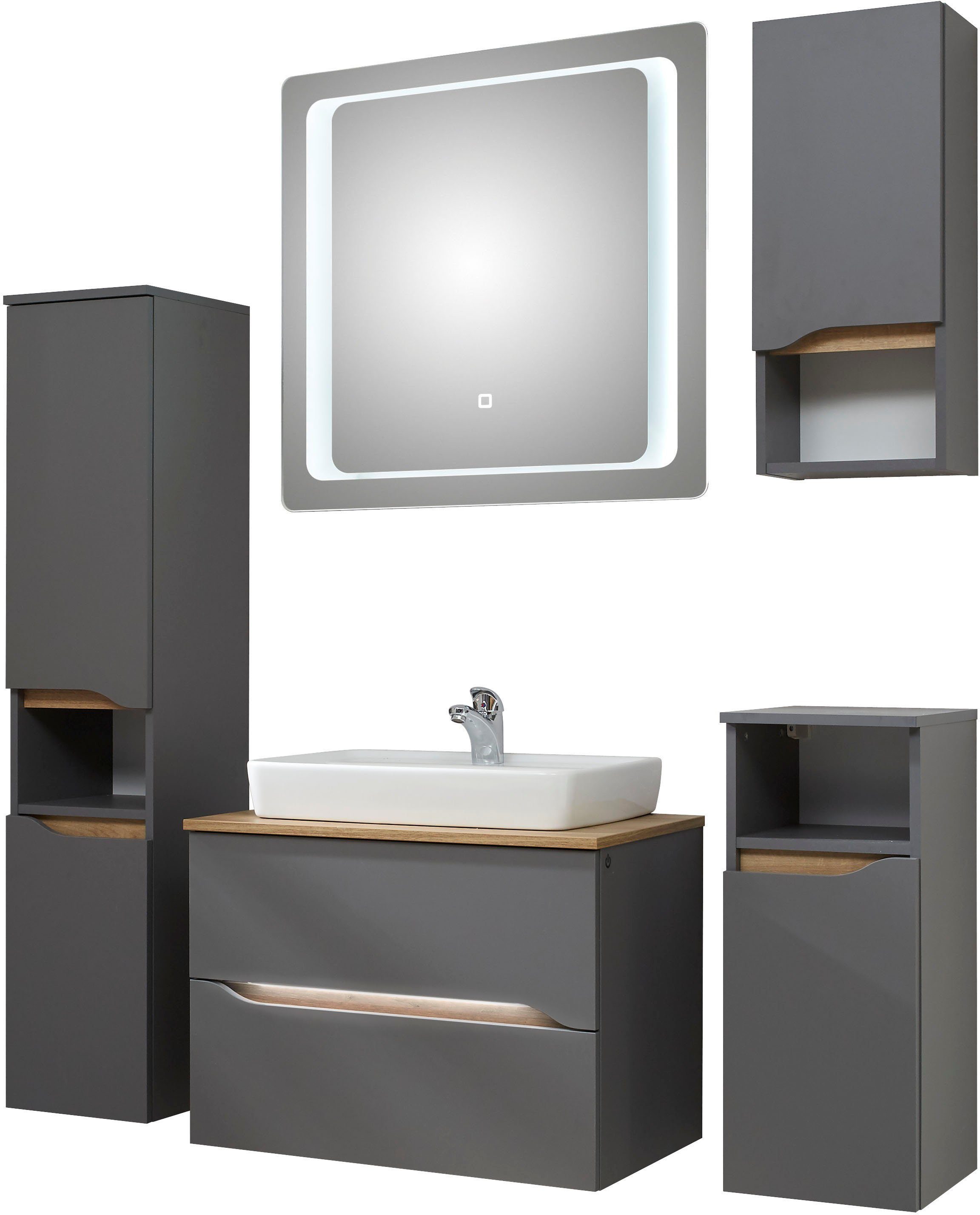 Saphir Badkamerserie Quickset 5-delig, keramieken opzetwasbak met led-spiegel Halfhoge kast, onderkast, hangend kastje, inclusief deurdemper, 6 deuren (8-delig)