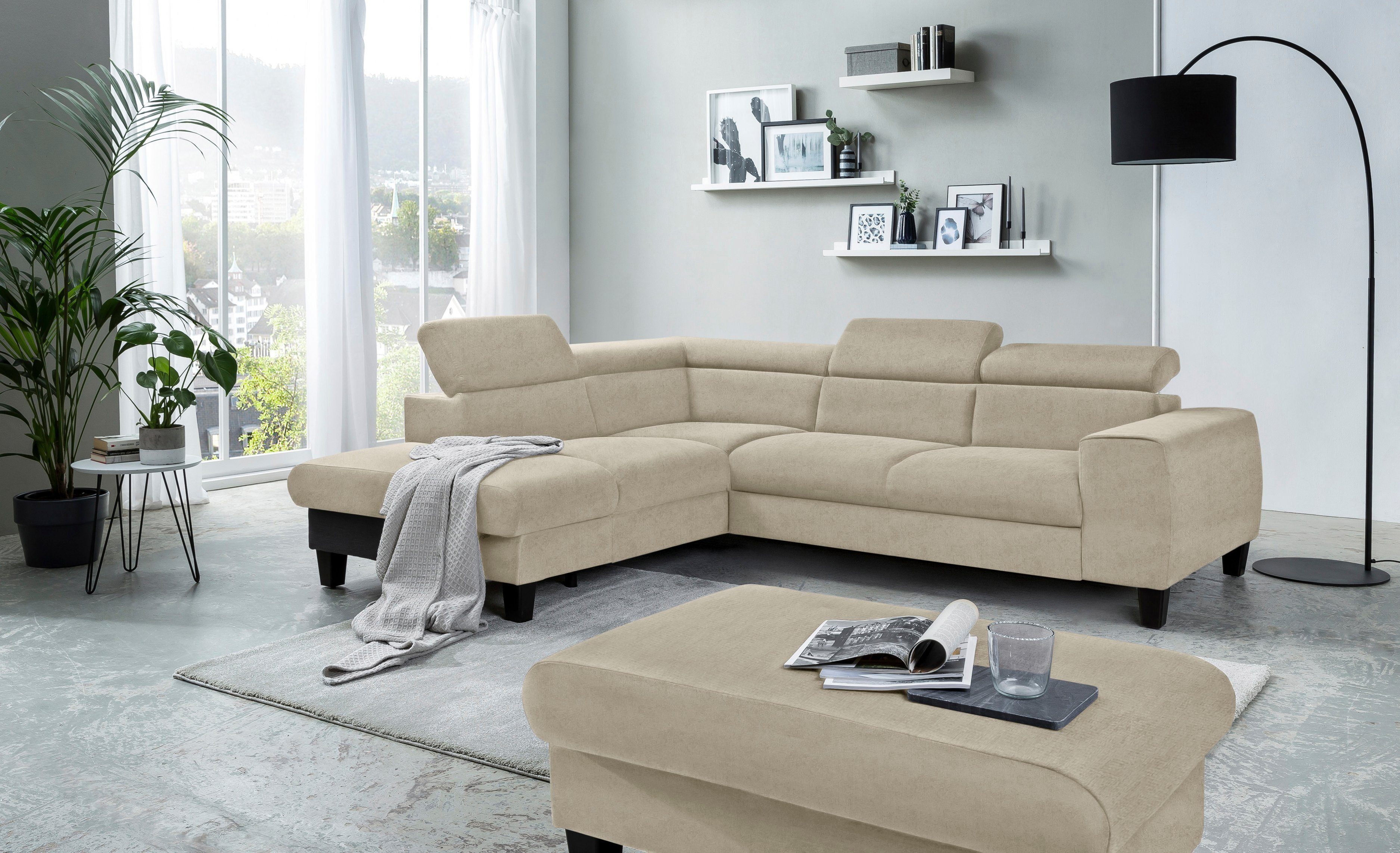 COTTA Zithoek Morven Set: bestaand uit hoekbank en hocker, verstelbare hoofdsteun (set) beige, zithoeken, Ottomane links, Met verstelbare