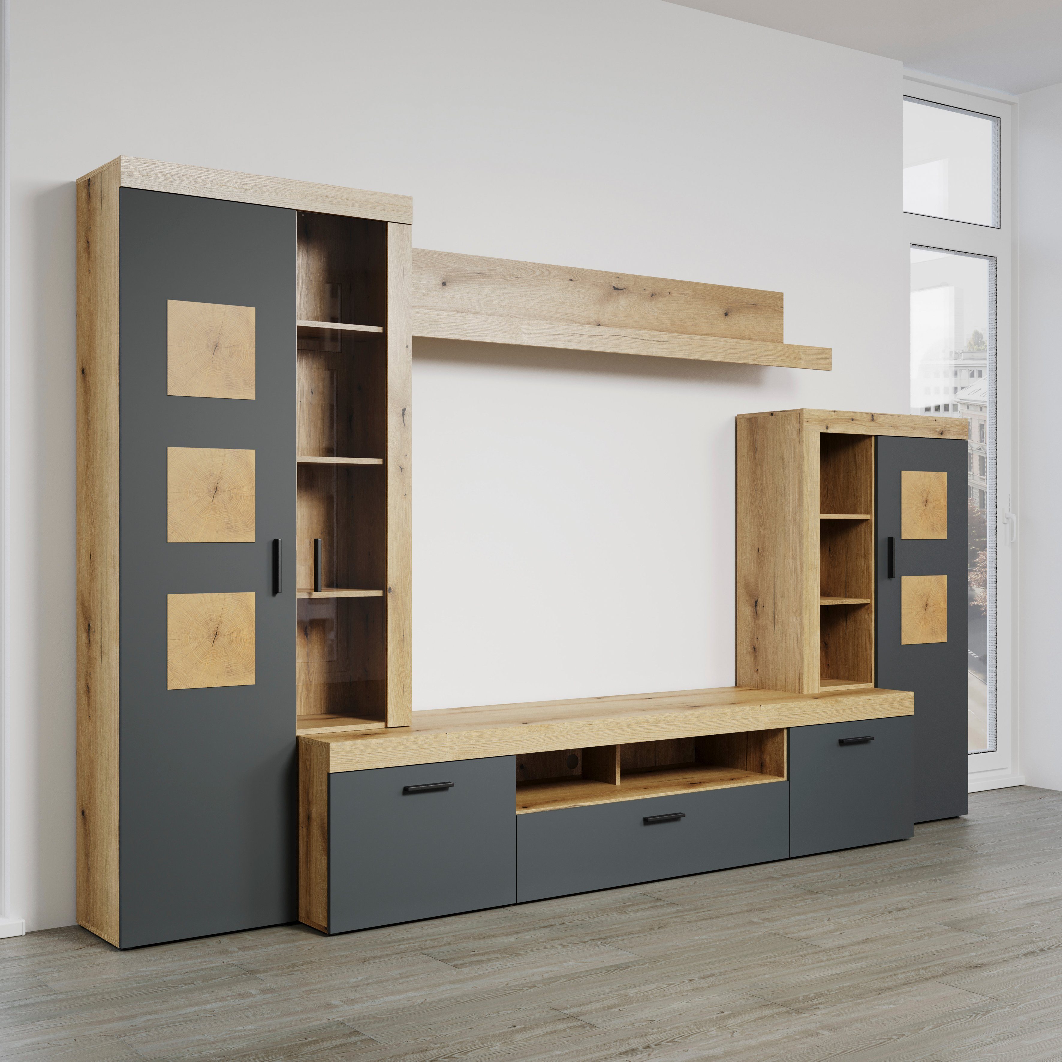 Home affaire Wandmeubel Gent Met applicaties van kopshout - gemonteerd (bxdxh): 331x52x206 cm (complete set, 4-delig)