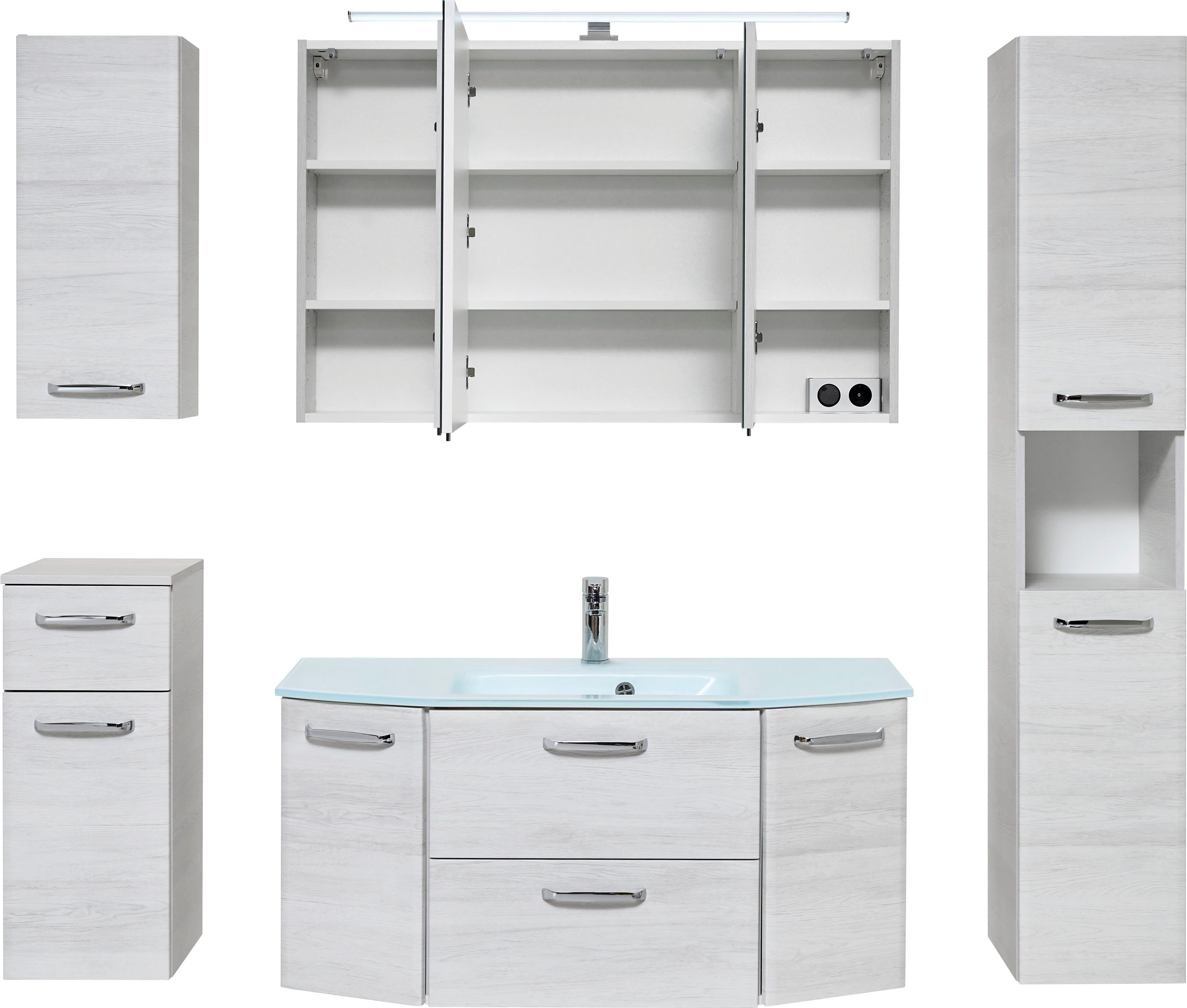 Saphir Badkamerserie Quickset 936 5-delig, keramische wastafel met LED-spiegelkast Wastafelmeubel, inclusief deurdemper, 9 deuren, 1 klep, grepen glanzend chroom (set, 5-delig)