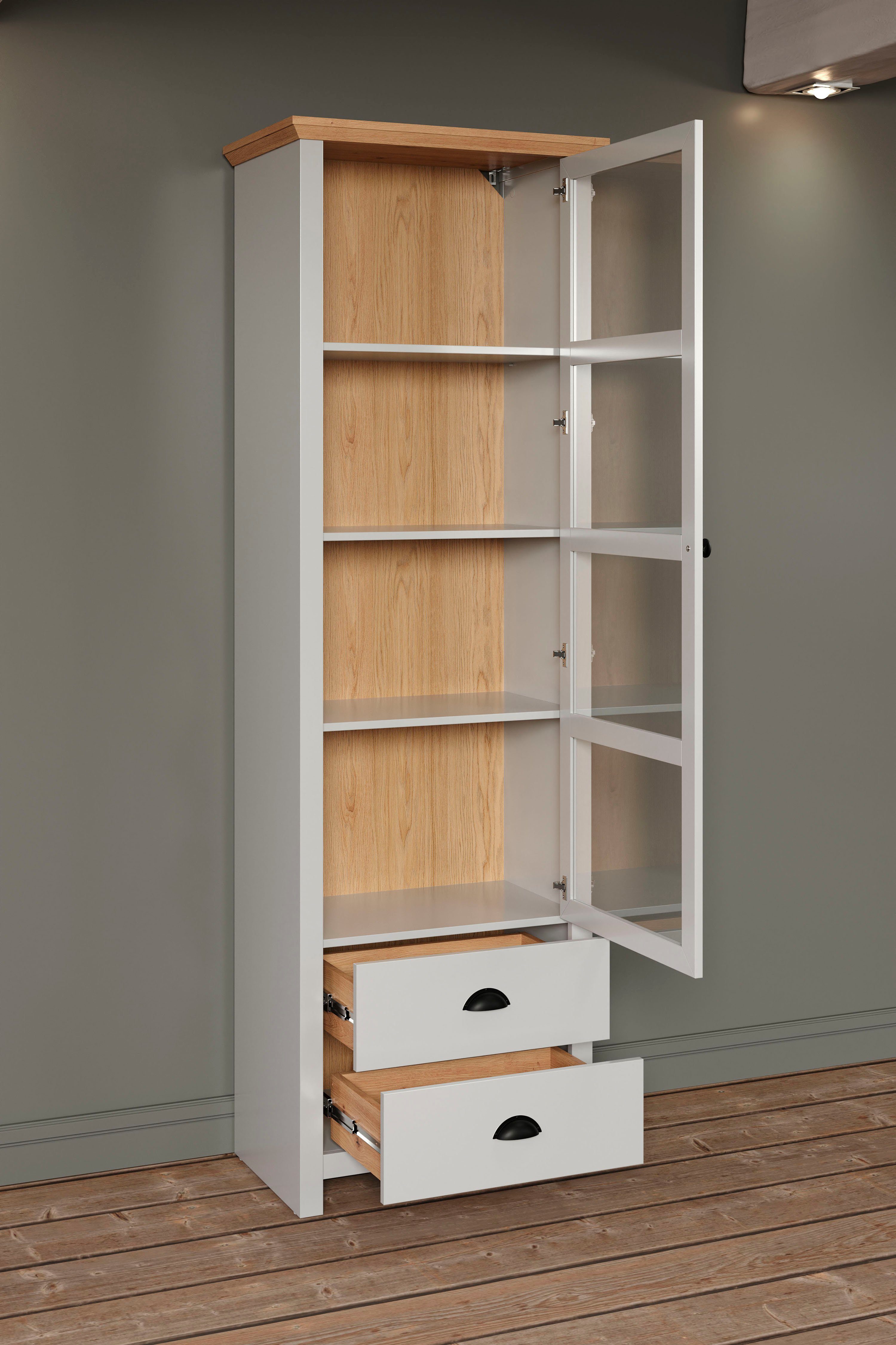 Home affaire Vitrinekast Herzwill lichtgrijs / artisan eiken, mat, 65 x 201 cm, met glasdeur