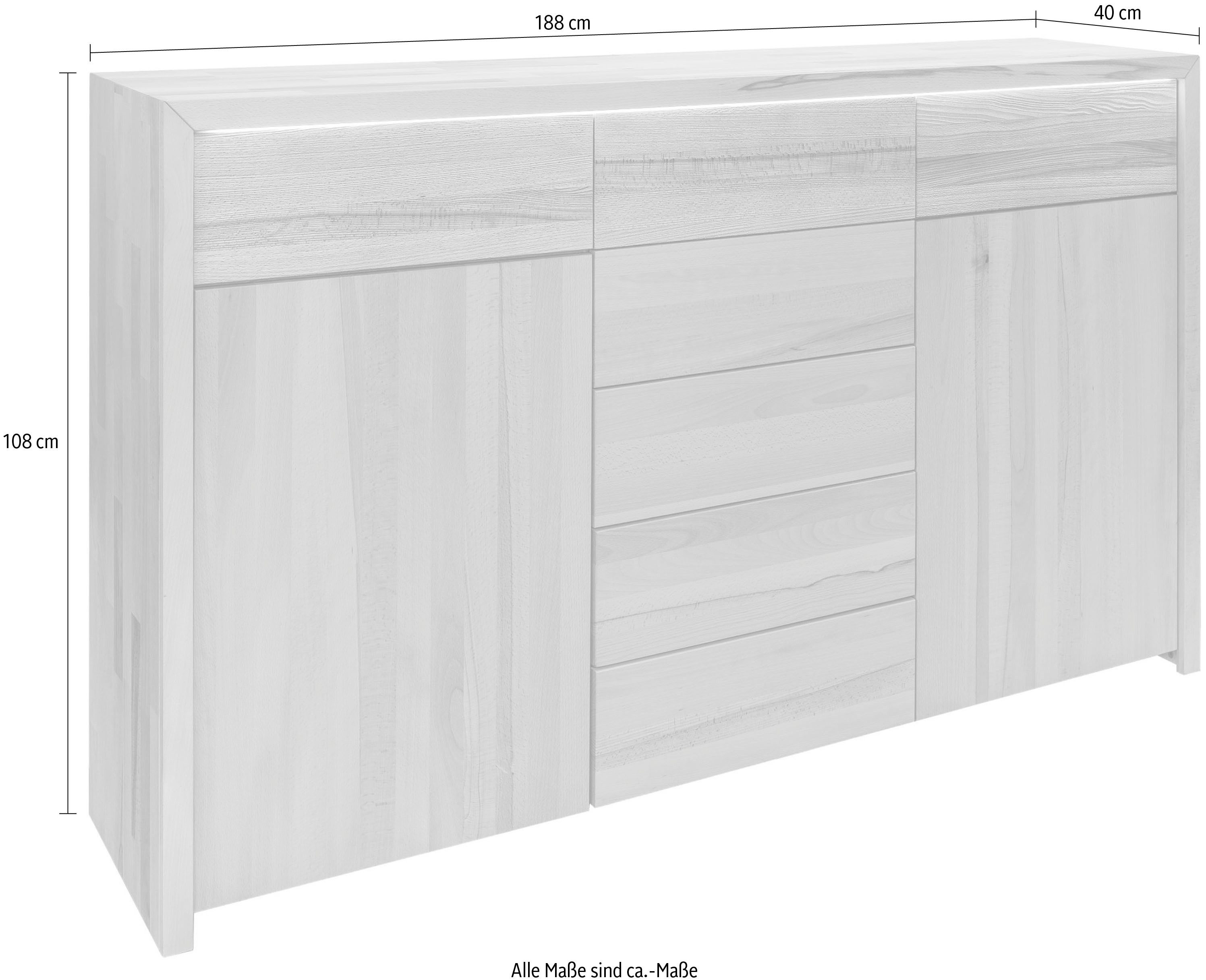Home affaire Kast met laden en deuren Léopoldine Commode van kernbeuken, breedte 188 cm, incl. LED-verlichting