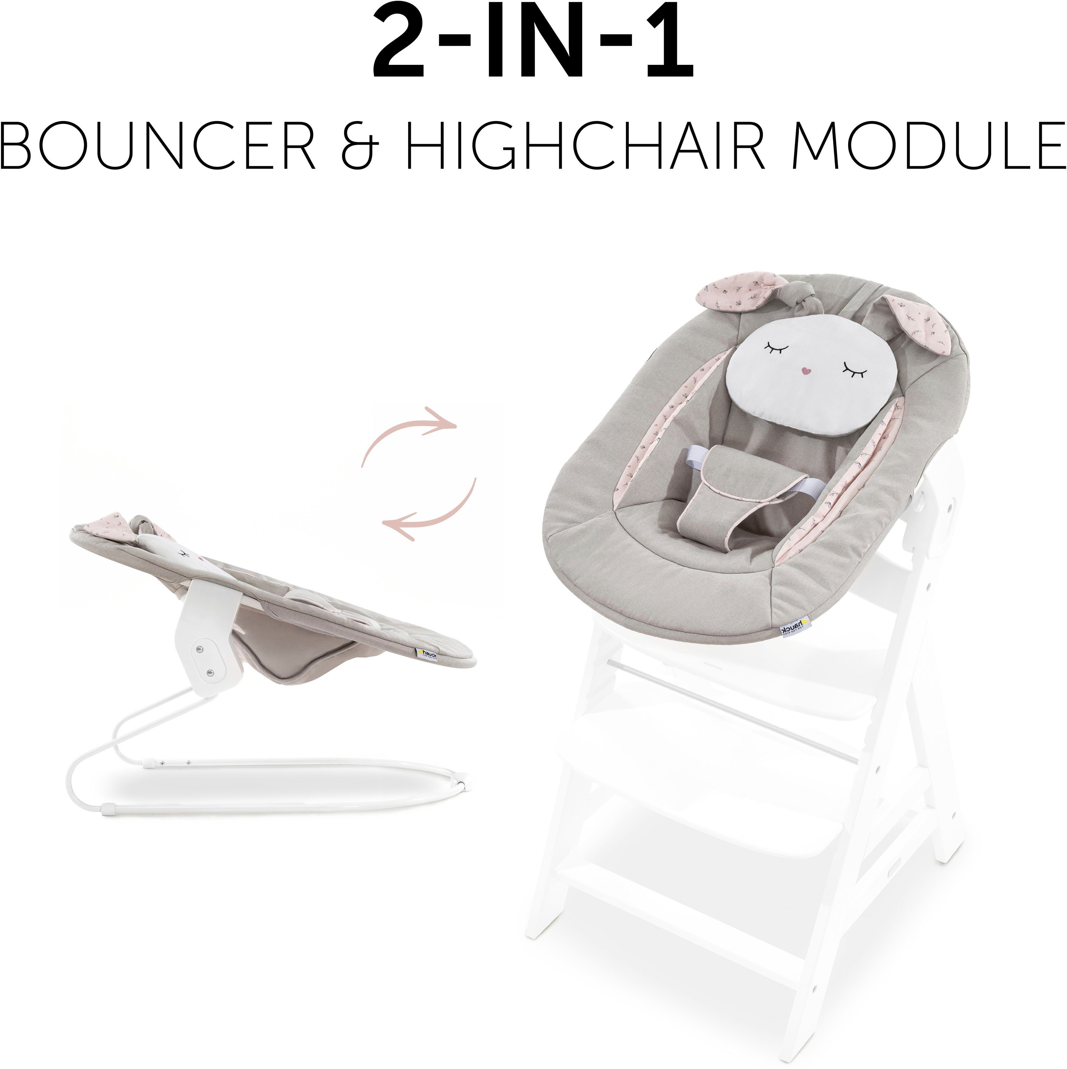 Hauck Opzet voor de kinderstoel Alpha Bouncer 2in1 Wippenopzetstuk, Poeder Konijn beige Bloem met wipframe, voor pasgeborenen, passend voor alpha+ houten kinderstoel