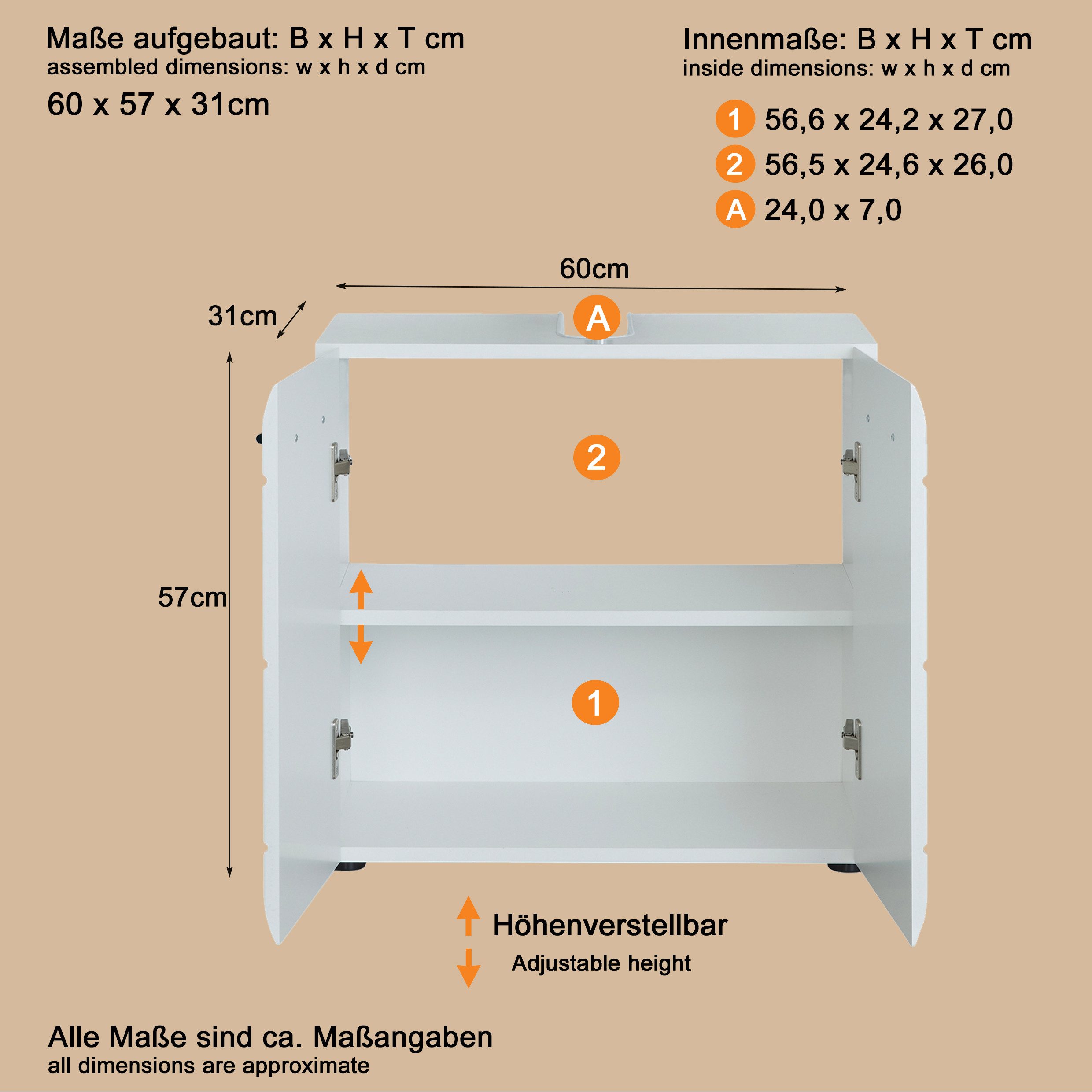 welltime Wastafelonderkast Sovana Wastafel met verstelbaar vak - Afmetingen (B/D/H) 60/31/56 cm