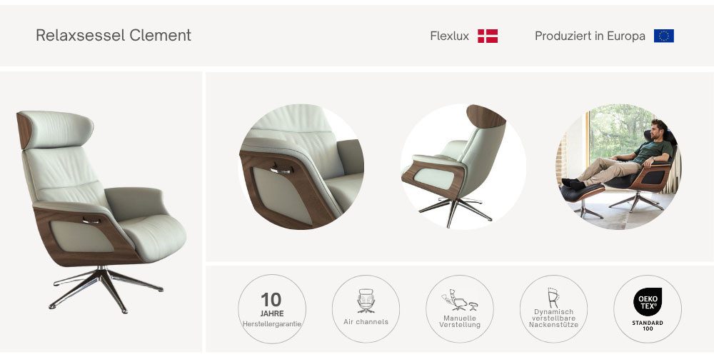 FLEXLUX Relaxfauteuil Clement rug- en hoofdverstelling, ergonomisch, Airchannels Rug- & hoofdverstelling, draaibaar, armleuning eiken, voet aluminium